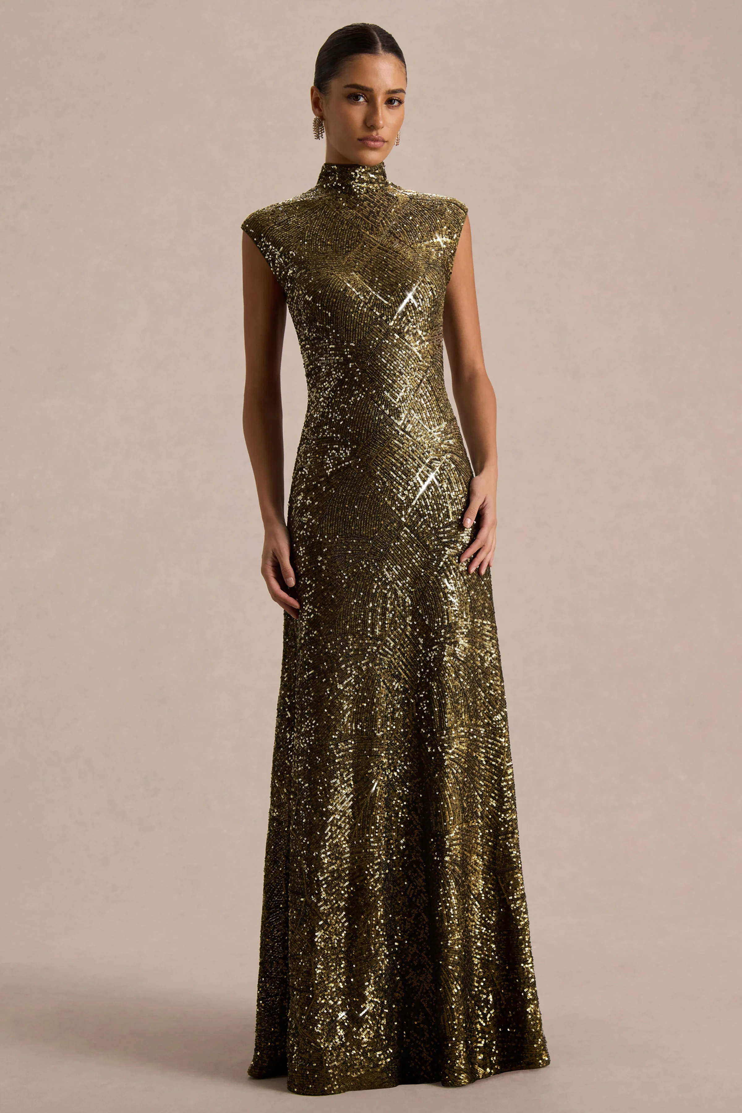Cecy | Khaki Sequin High-Neck Maxi Dress With Cap Sleeves