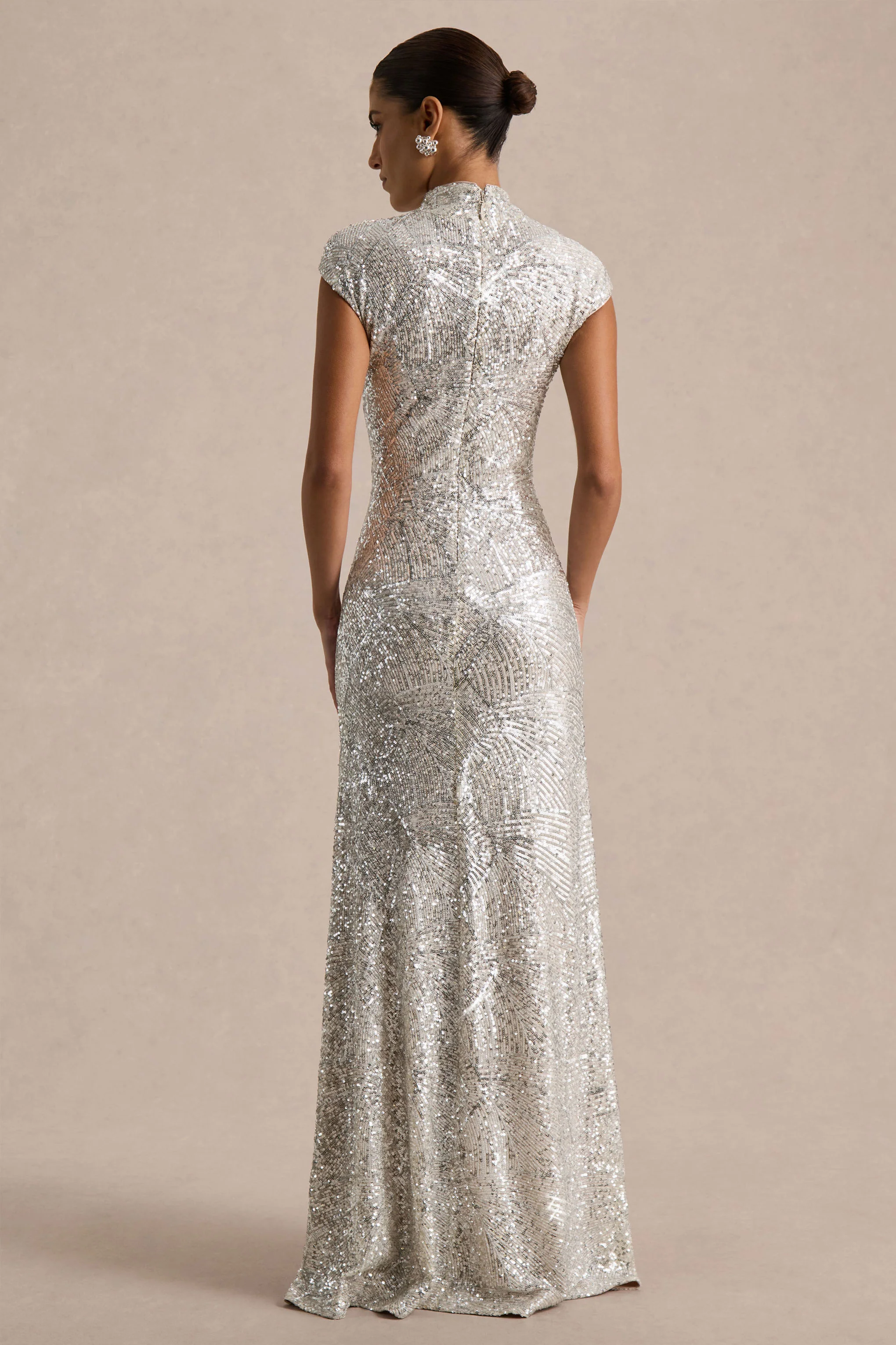 Cecy | Silver Sequin High-Neck Maxi Dress With Cap Sleeves - Image 2