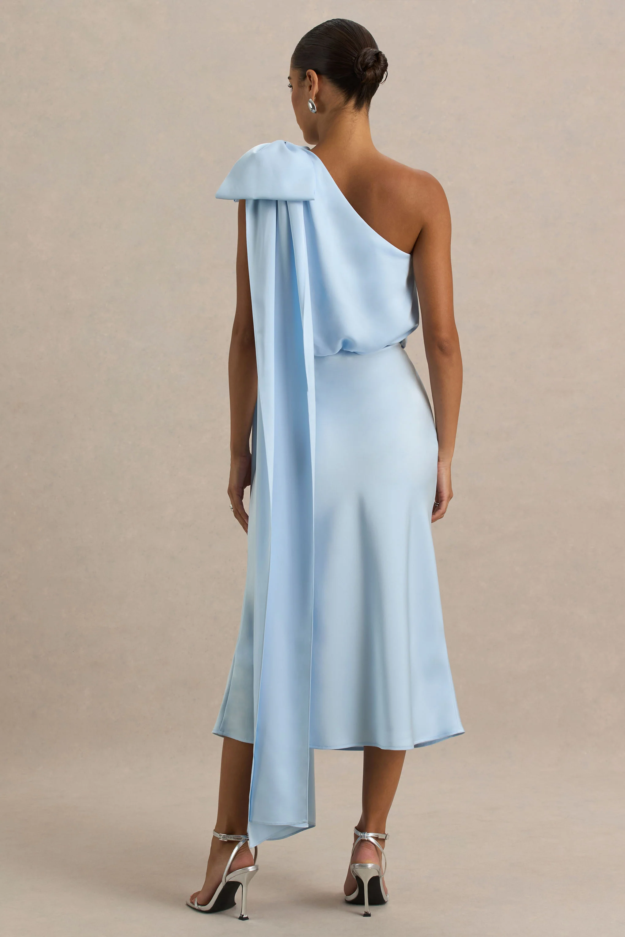 Celestia | Powder Blue Satin Asymmetric-Neck Midi Dress With Cape Detail - Image 2