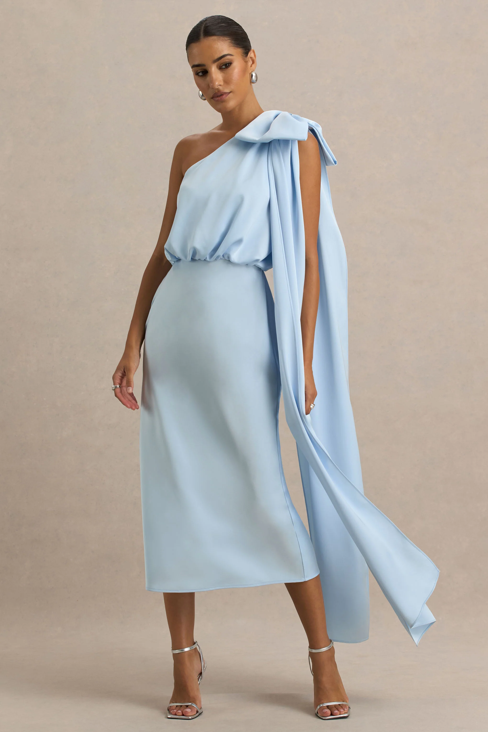 Celestia | Powder Blue Satin Asymmetric-Neck Midi Dress With Cape Detail - Image 3