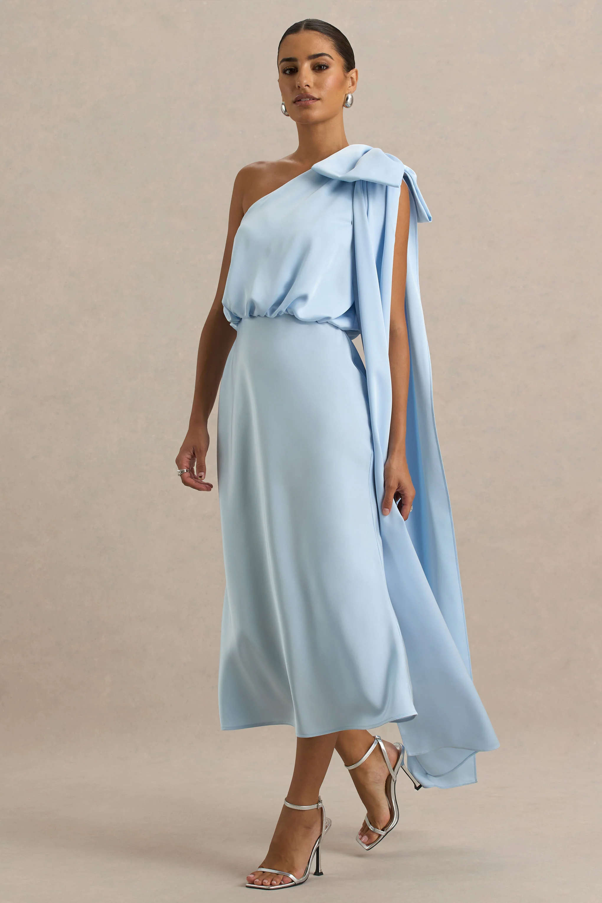 Celestia | Powder Blue Satin Asymmetric-Neck Midi Dress With Cape Detail - Image 4