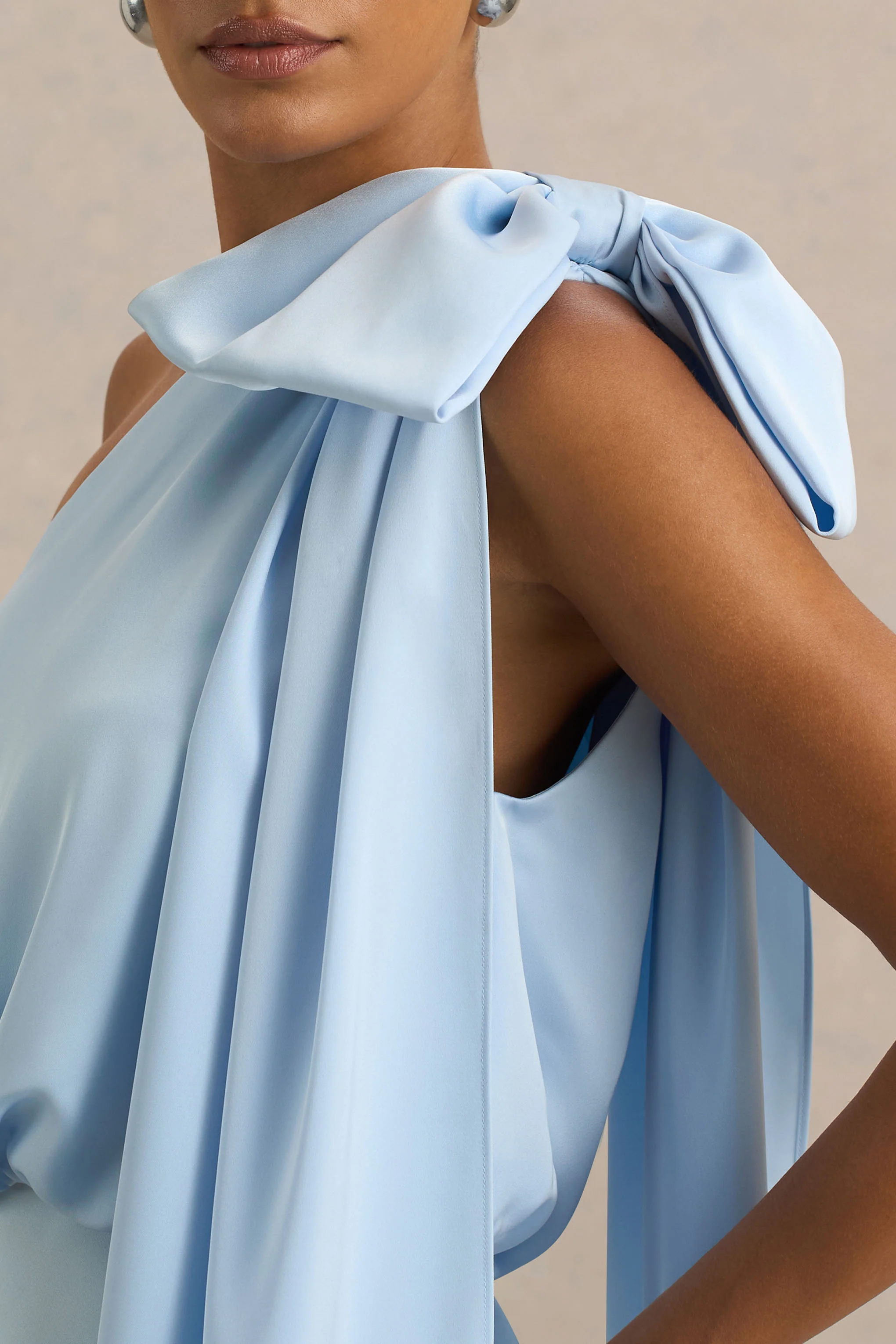 Celestia | Powder Blue Satin Asymmetric-Neck Midi Dress With Cape Detail - Image 5