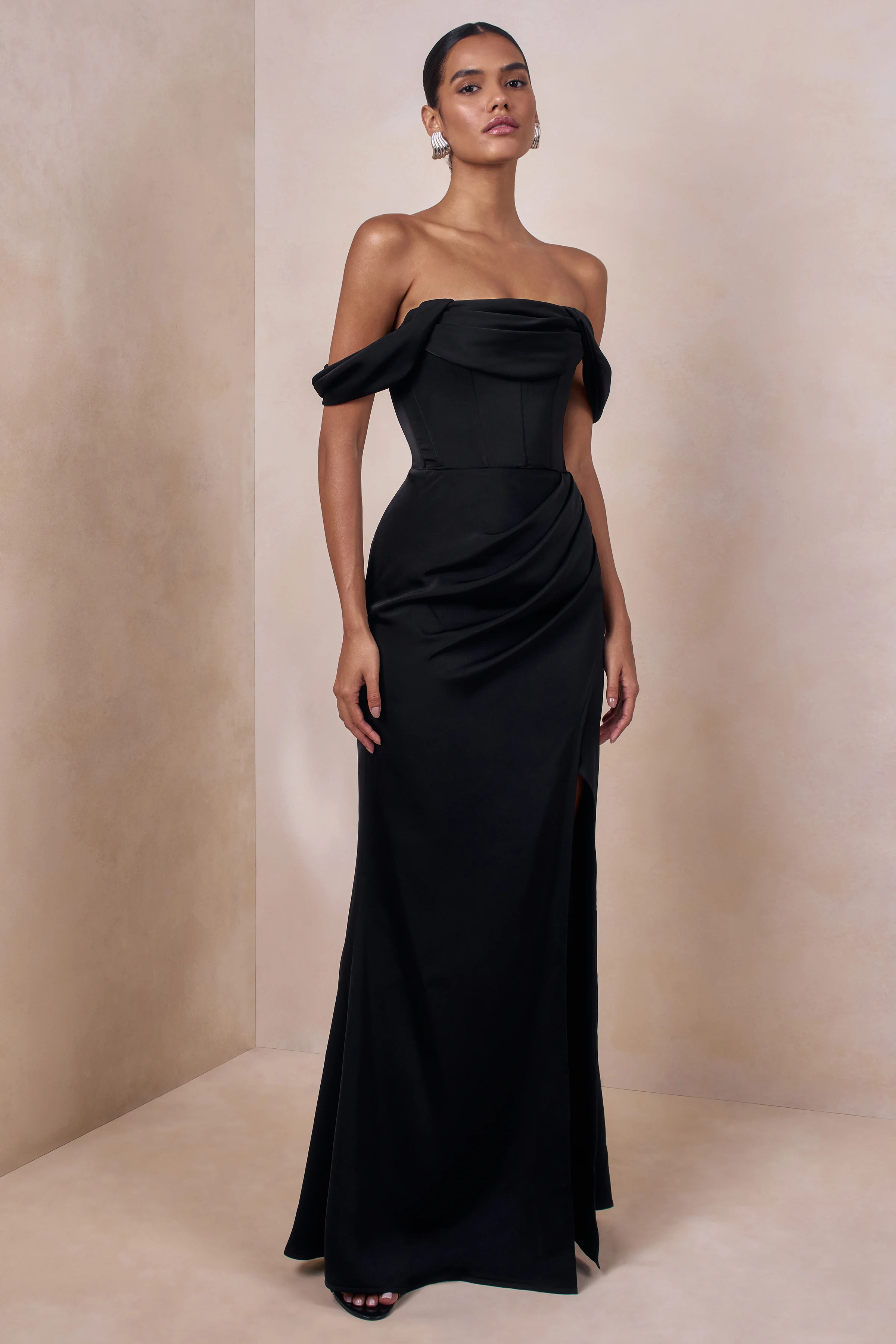 Celinea | Black Satin Bardot-Neck Maxi Dress With Front-High Split - Image 5