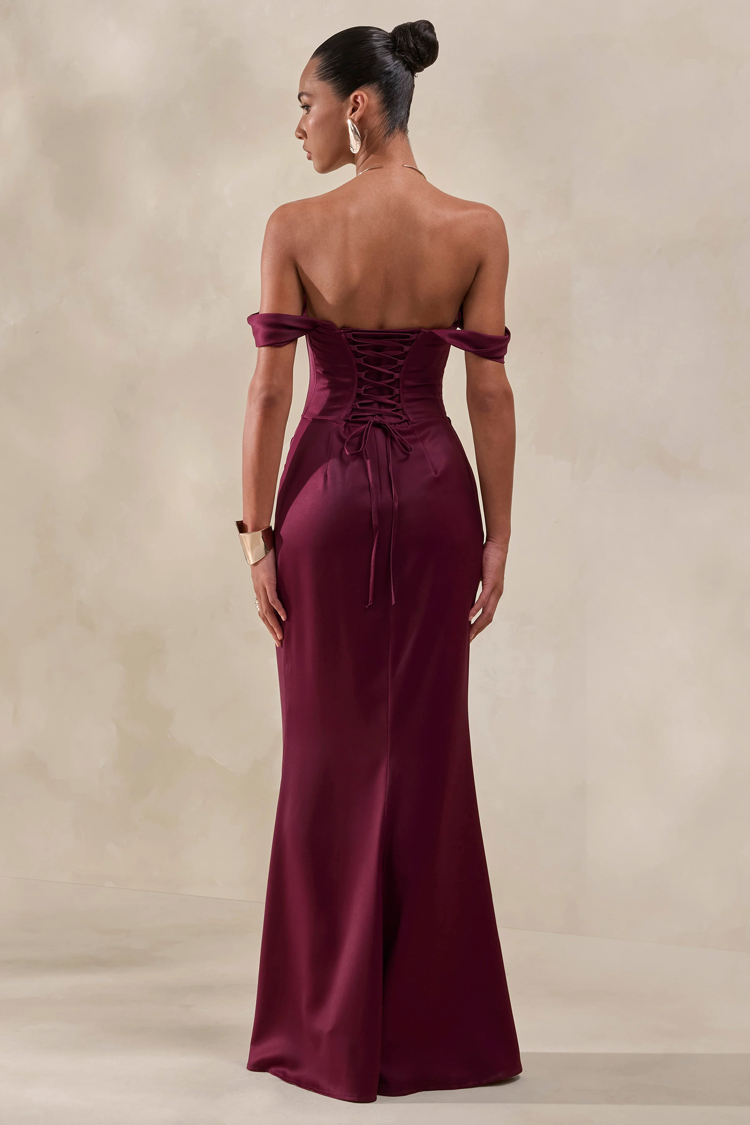 Celinea | Burgundy Satin Bardot-Neck Maxi Dress With Front-High Split - Image 2