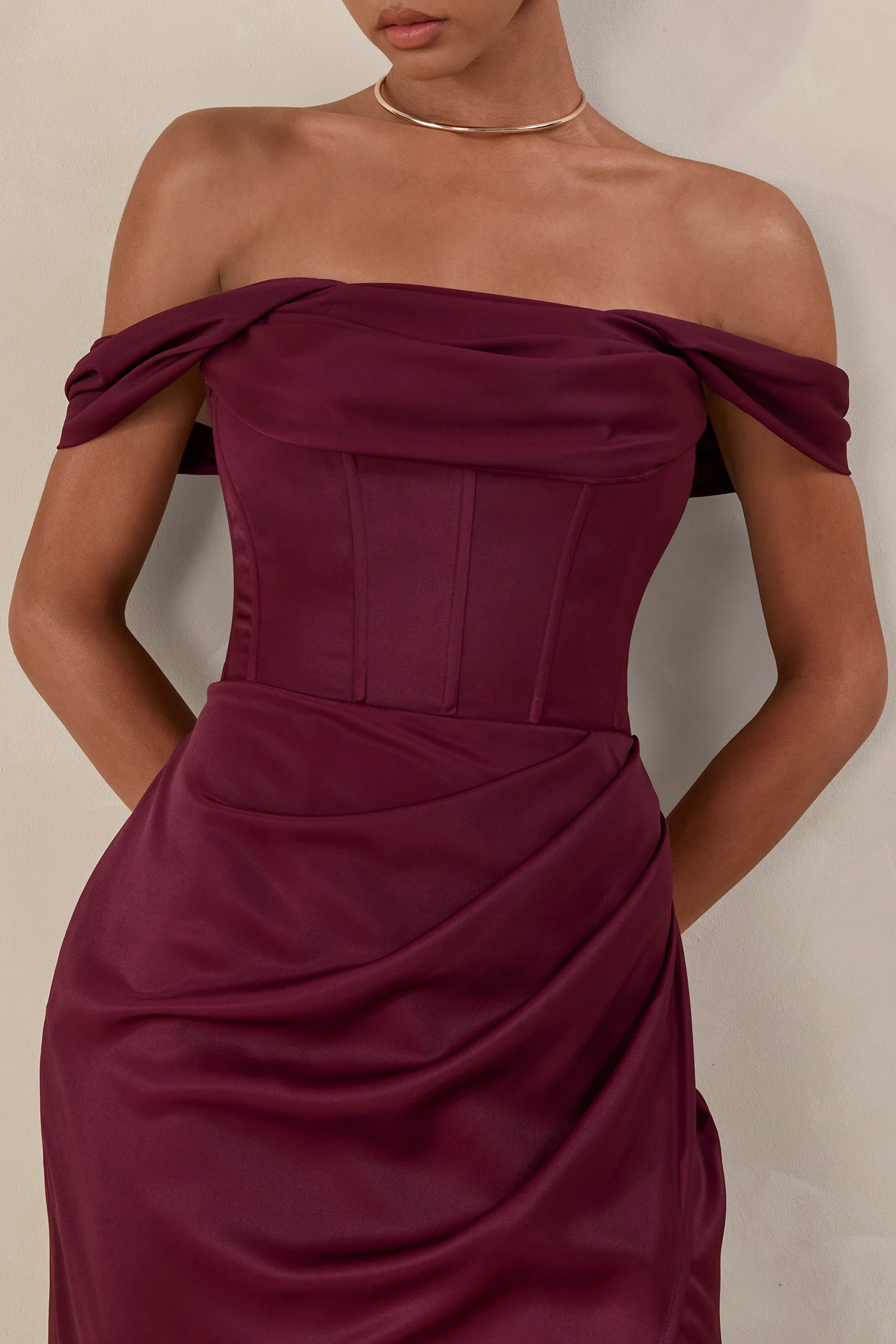 Celinea | Burgundy Satin Bardot-Neck Maxi Dress With Front-High Split - Image 3