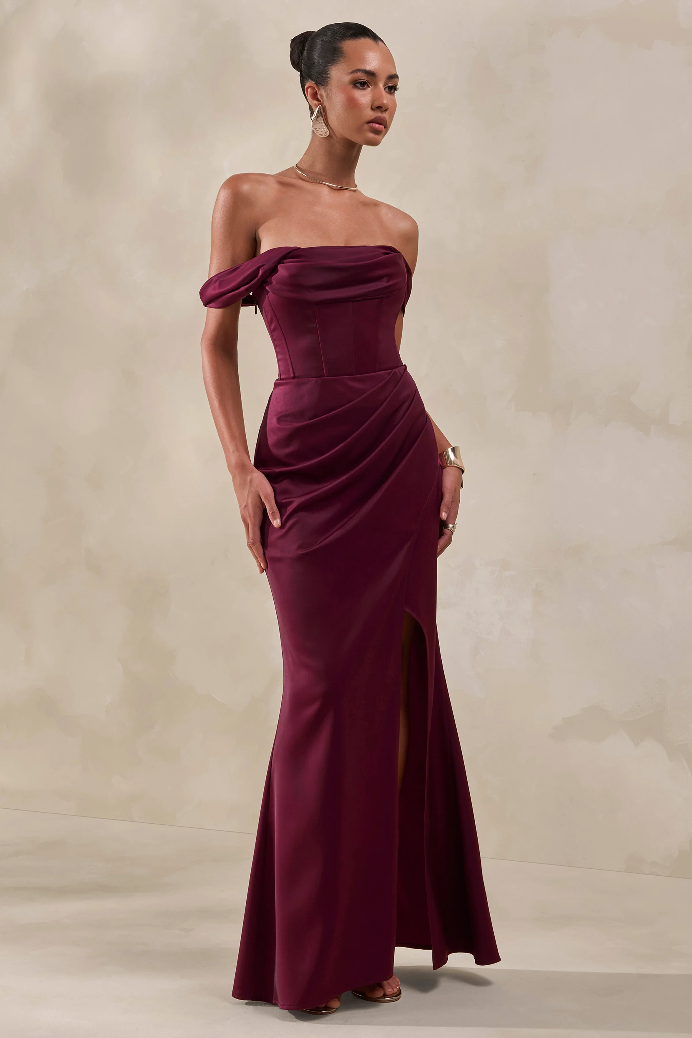 Celinea | Burgundy Satin Bardot-Neck Maxi Dress With Front-High Split - Image 4