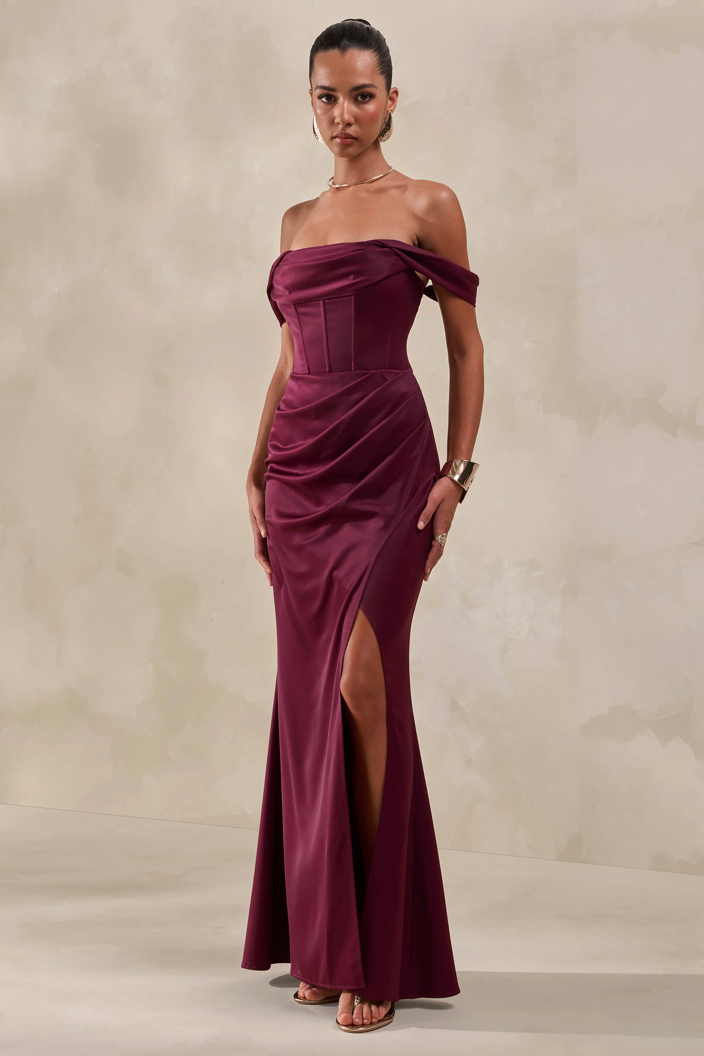 Celinea | Burgundy Satin Bardot-Neck Maxi Dress With Front-High Split - Image 5