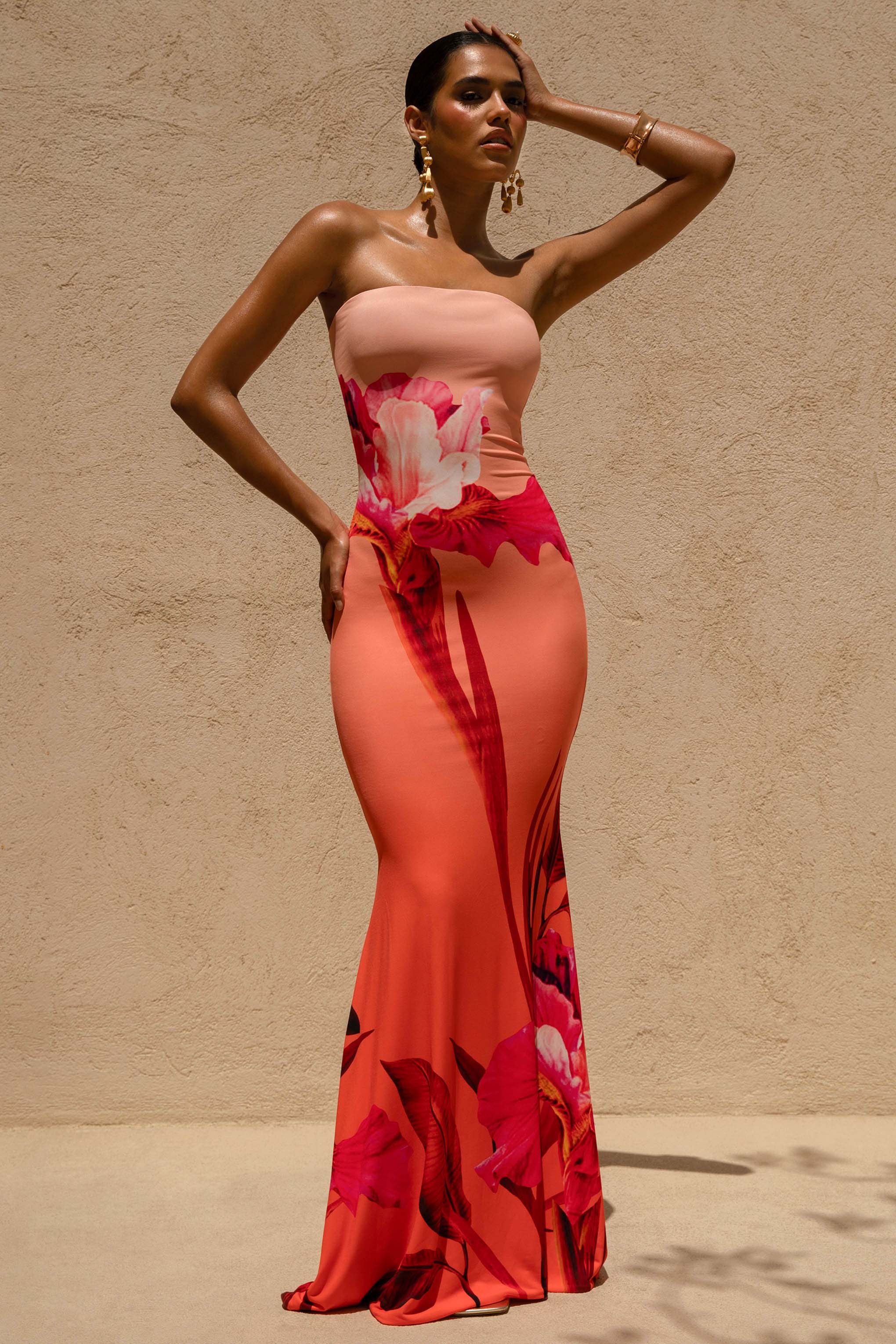 Ceremony | Pink Ombre Floral Print Bandeau Fishtail Maxi Dress - Image 4