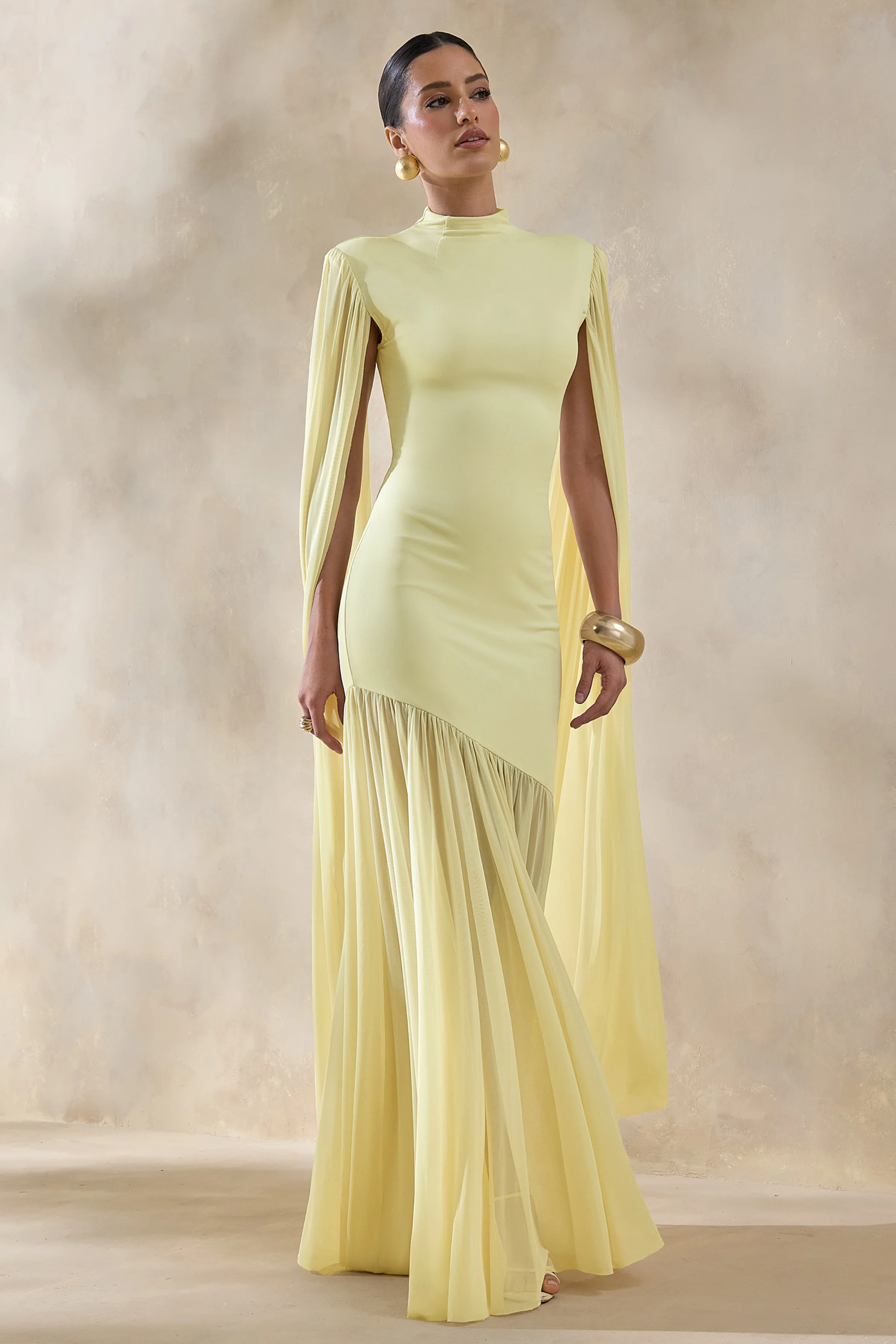 Chantelle | Lemon High-Neck Maxi Dress With Drop-Waist And Cape-Sleeves - Image 4
