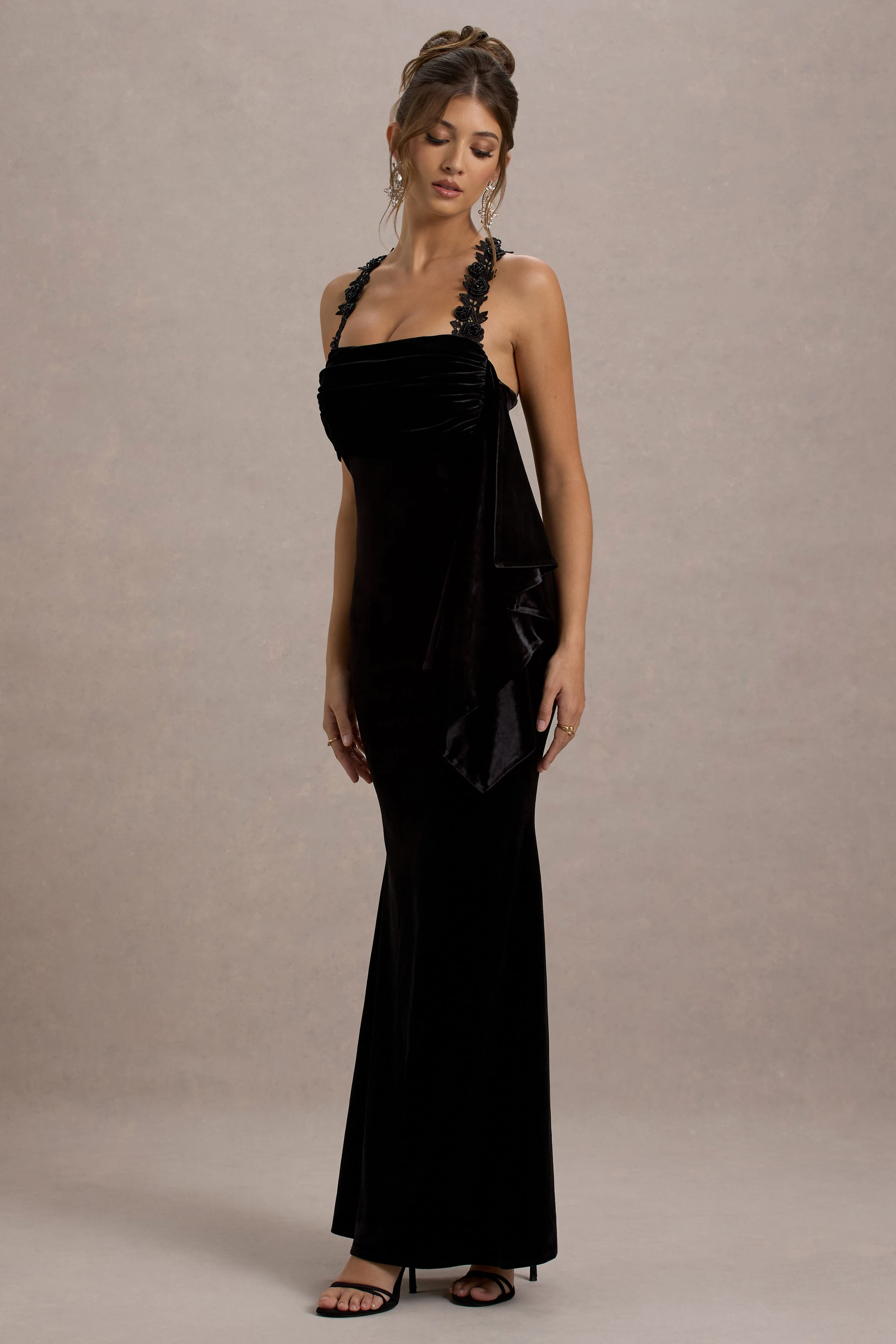 Charlize | Black Velvet Halter-Neck Draped Maxi Dress - Image 7