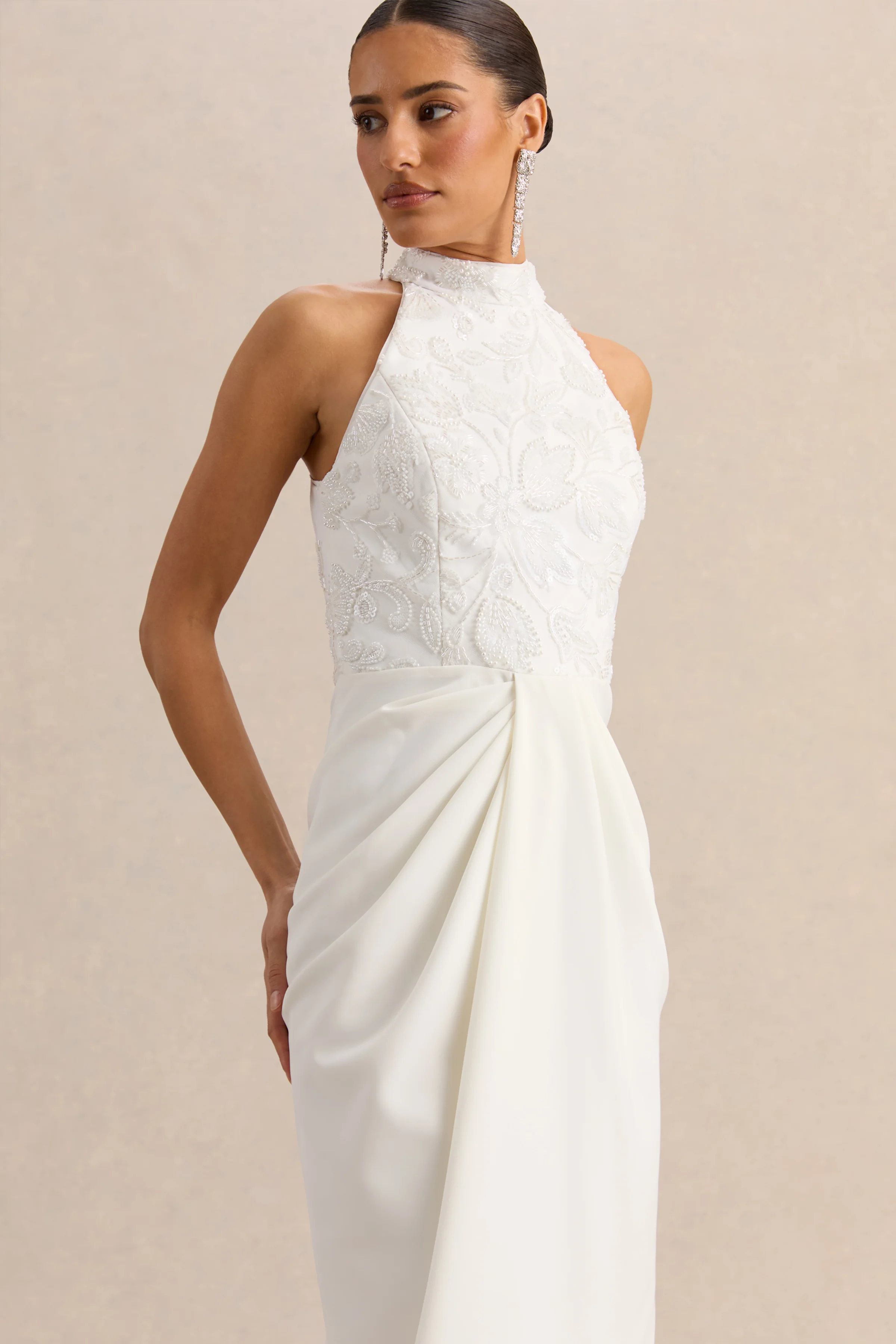 Charlotte | White Halter-Neck Maxi Dress With Gathered-Detailing - Image 3