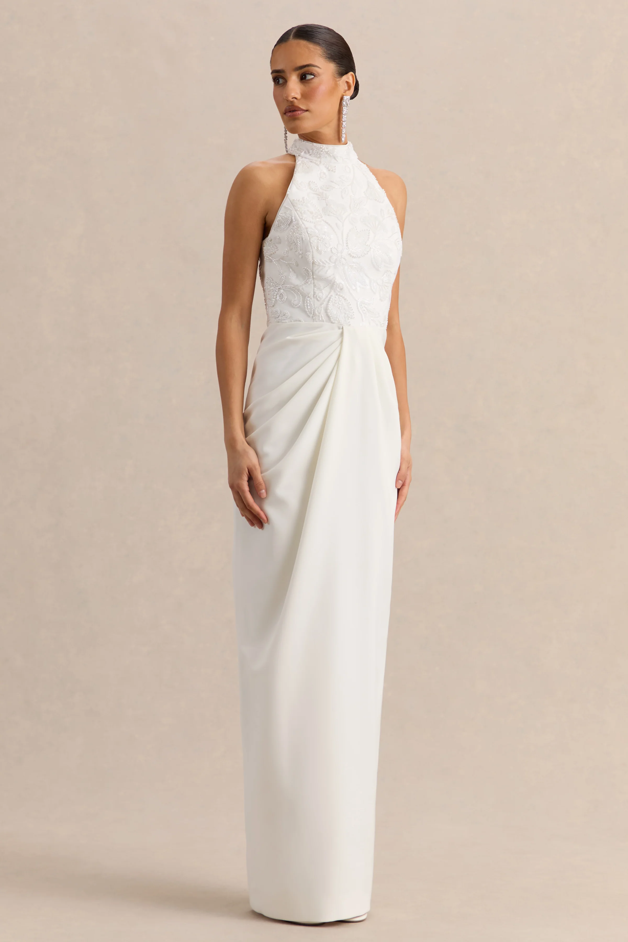 Charlotte | White Halter-Neck Maxi Dress With Gathered-Detailing - Image 4