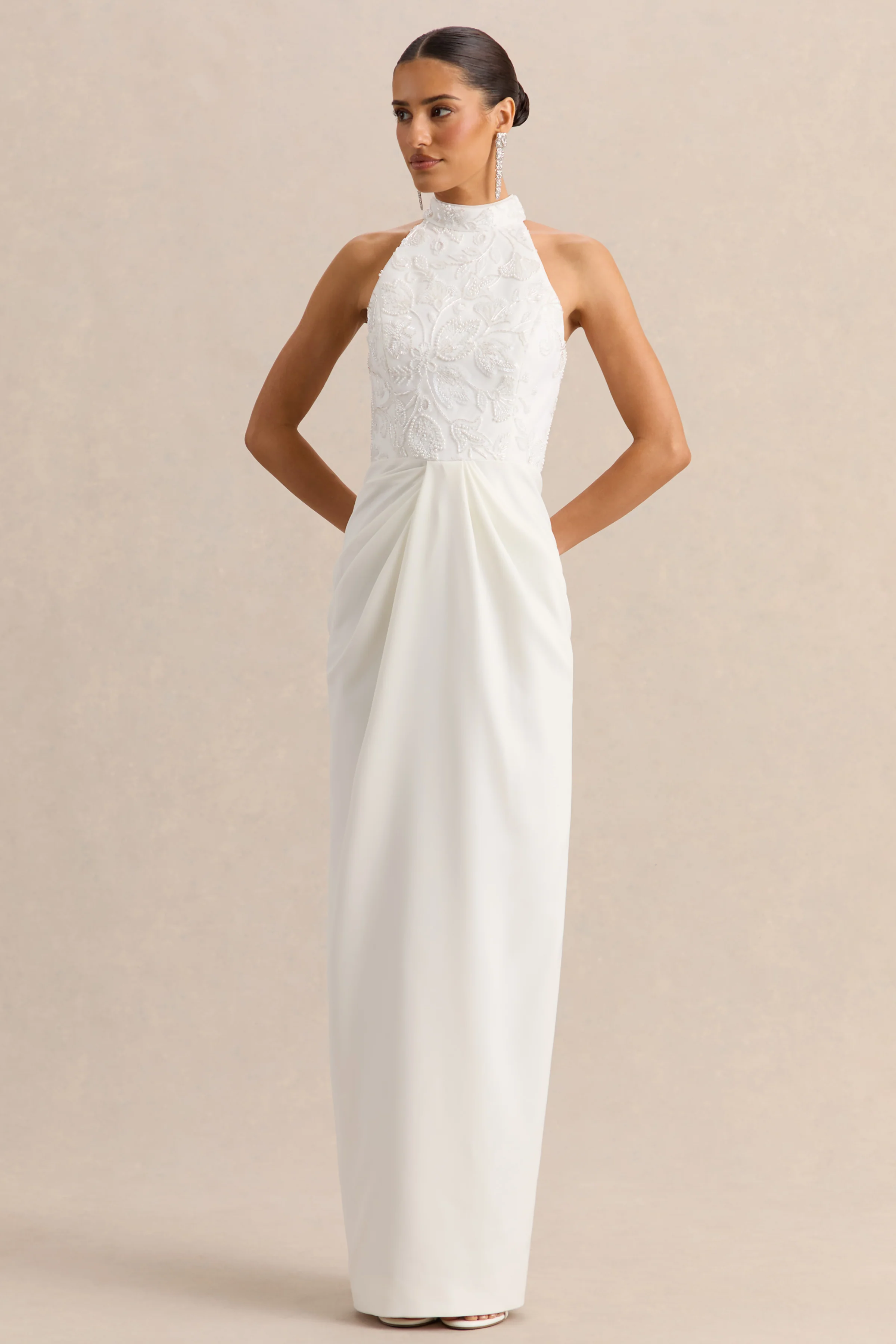 Charlotte | White Halter-Neck Maxi Dress With Gathered-Detailing - Image 5