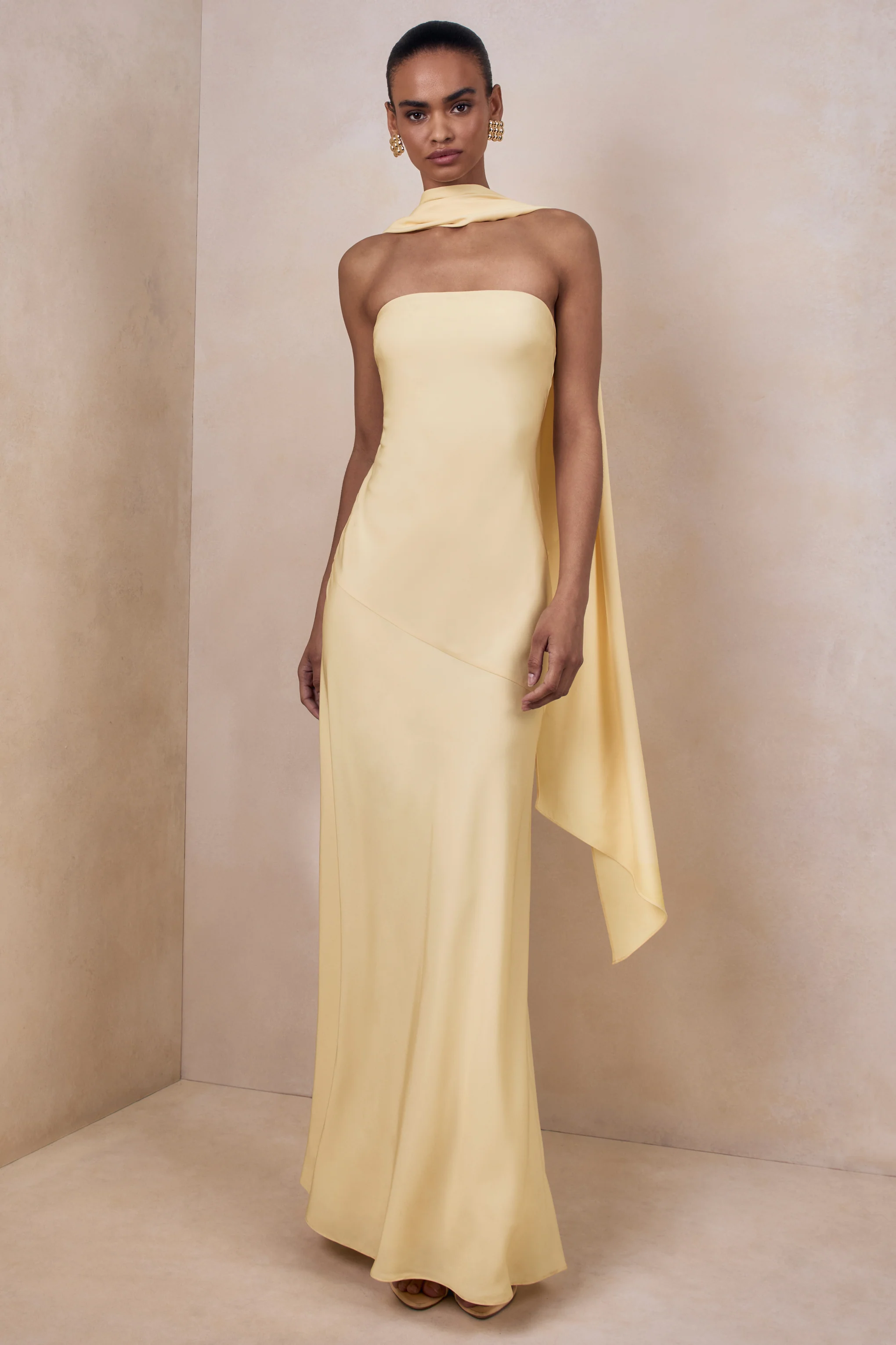 Charly | Lemon Matte Satin Bandeau Maxi Dress With Scarf-Detail - Image 4