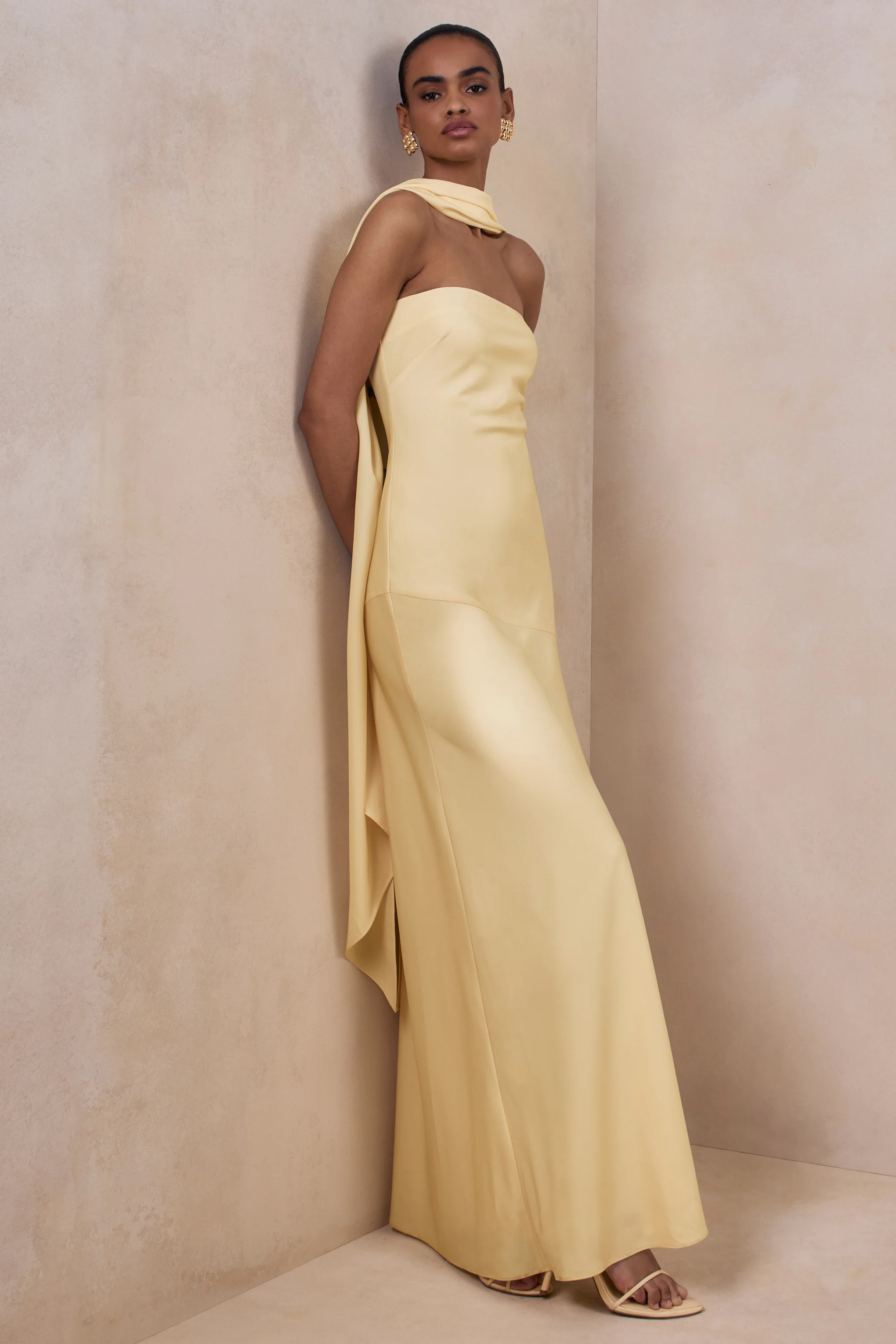 Charly | Lemon Matte Satin Bandeau Maxi Dress With Scarf-Detail - Image 5