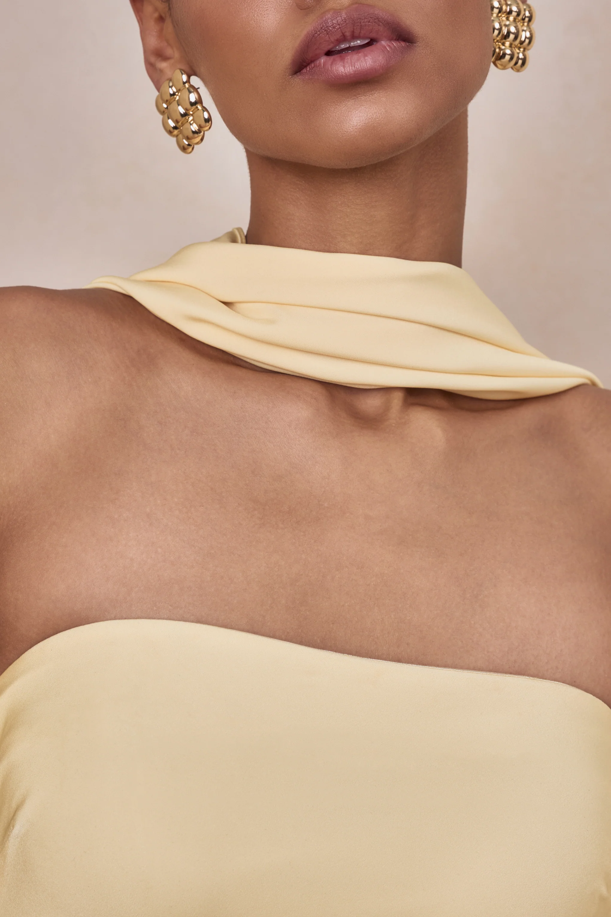 Charly | Lemon Matte Satin Bandeau Maxi Dress With Scarf-Detail - Image 6