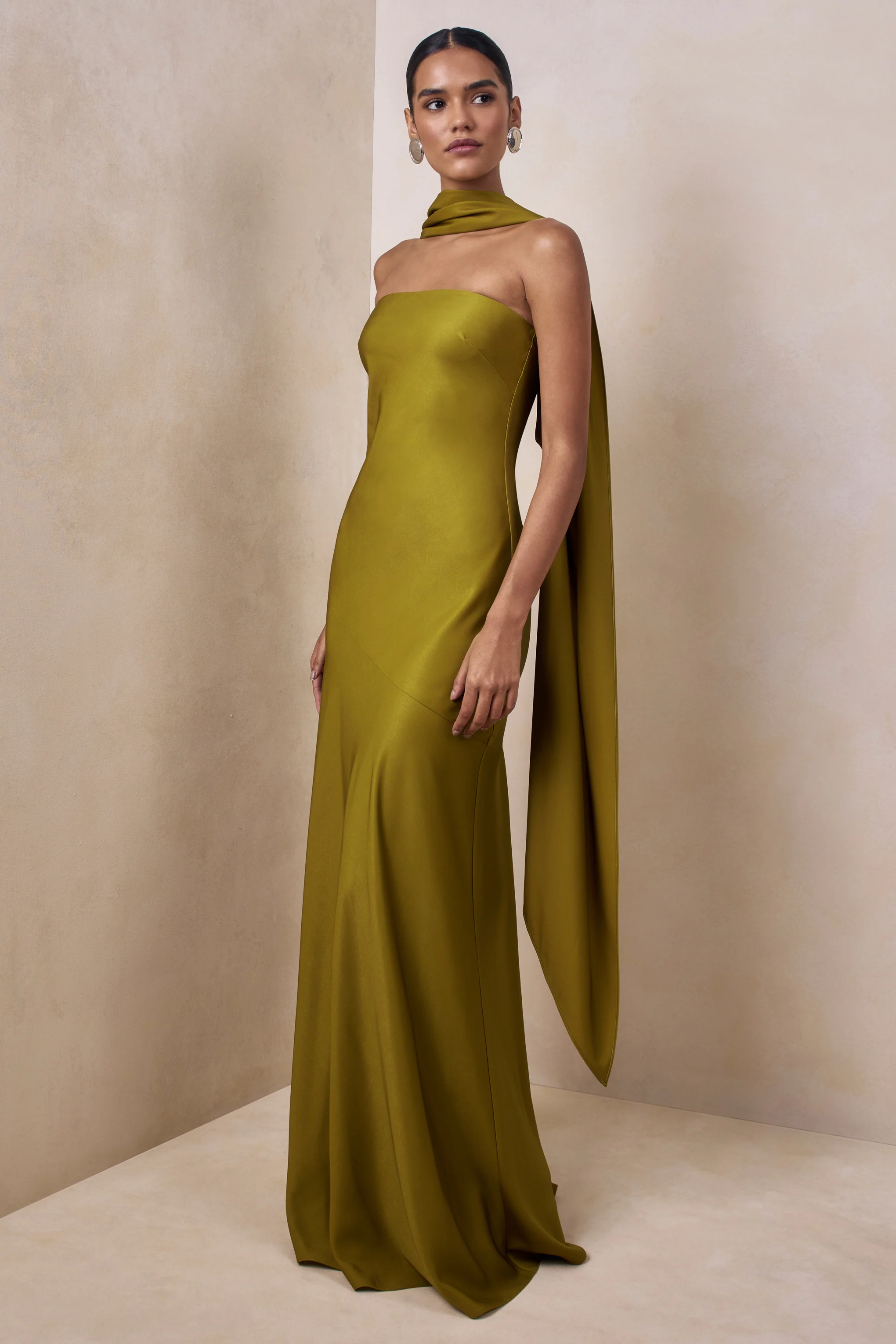 Charly | Olive Matte Satin Bandeau Maxi Dress With Scarf-Detail - Image 2