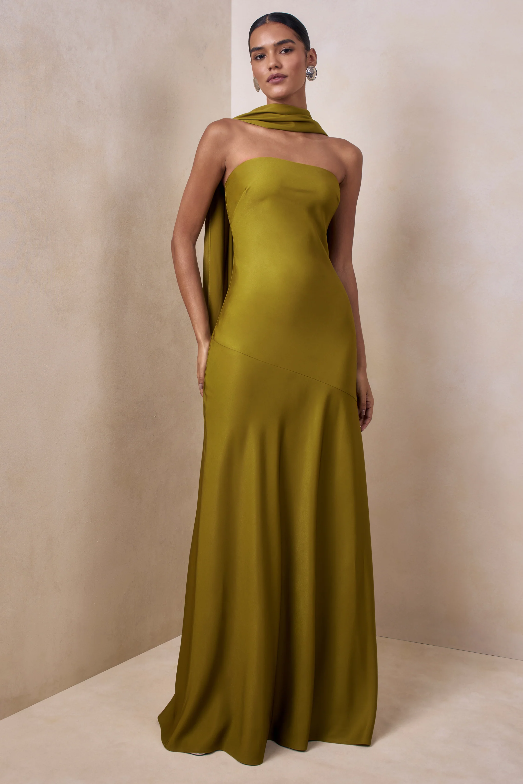 Charly | Olive Matte Satin Bandeau Maxi Dress With Scarf-Detail - Image 4