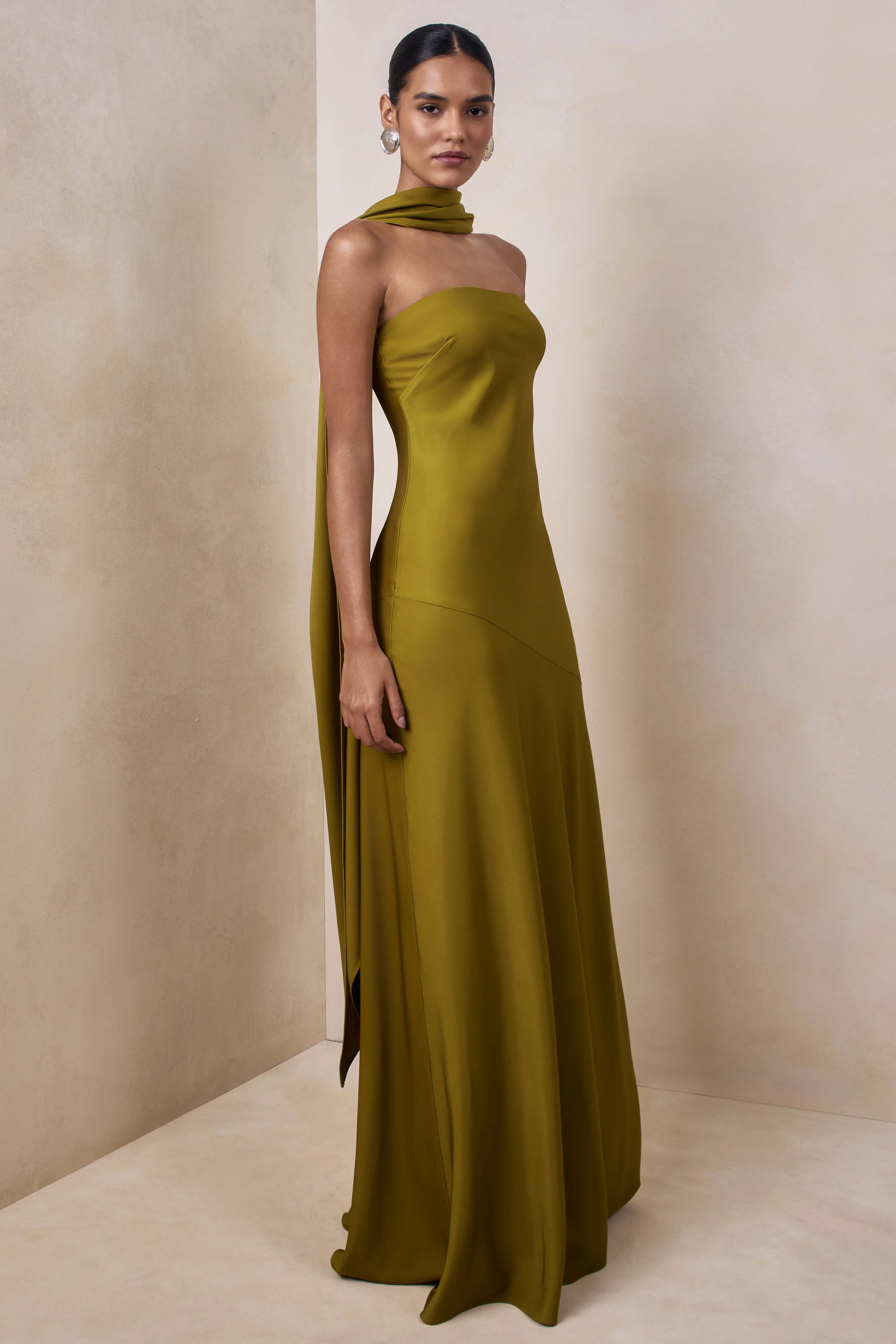Charly | Olive Matte Satin Bandeau Maxi Dress With Scarf-Detail - Image 5