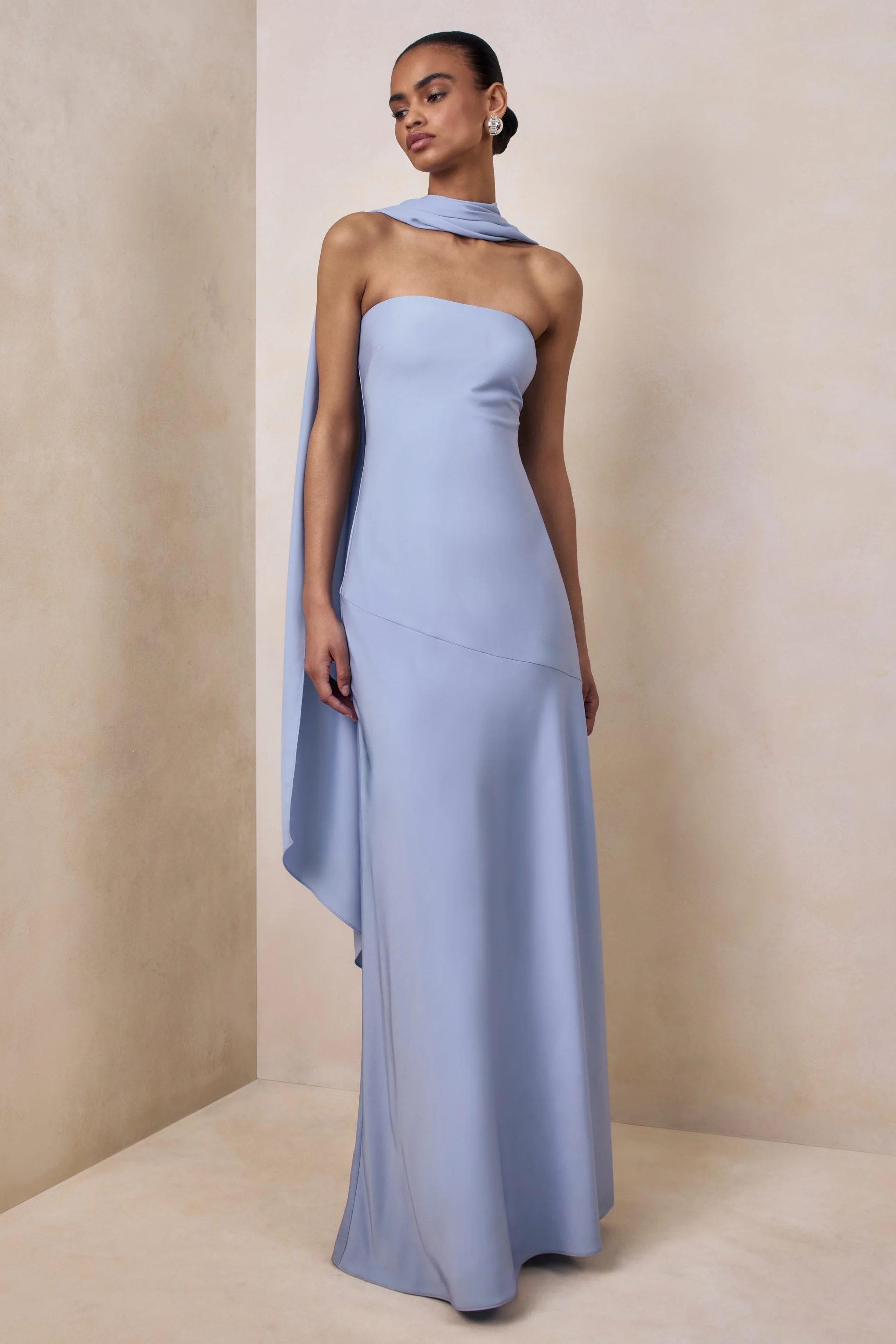 Charly | Powder Blue Matte Satin Bandeau Maxi Dress With Scarf-Detail