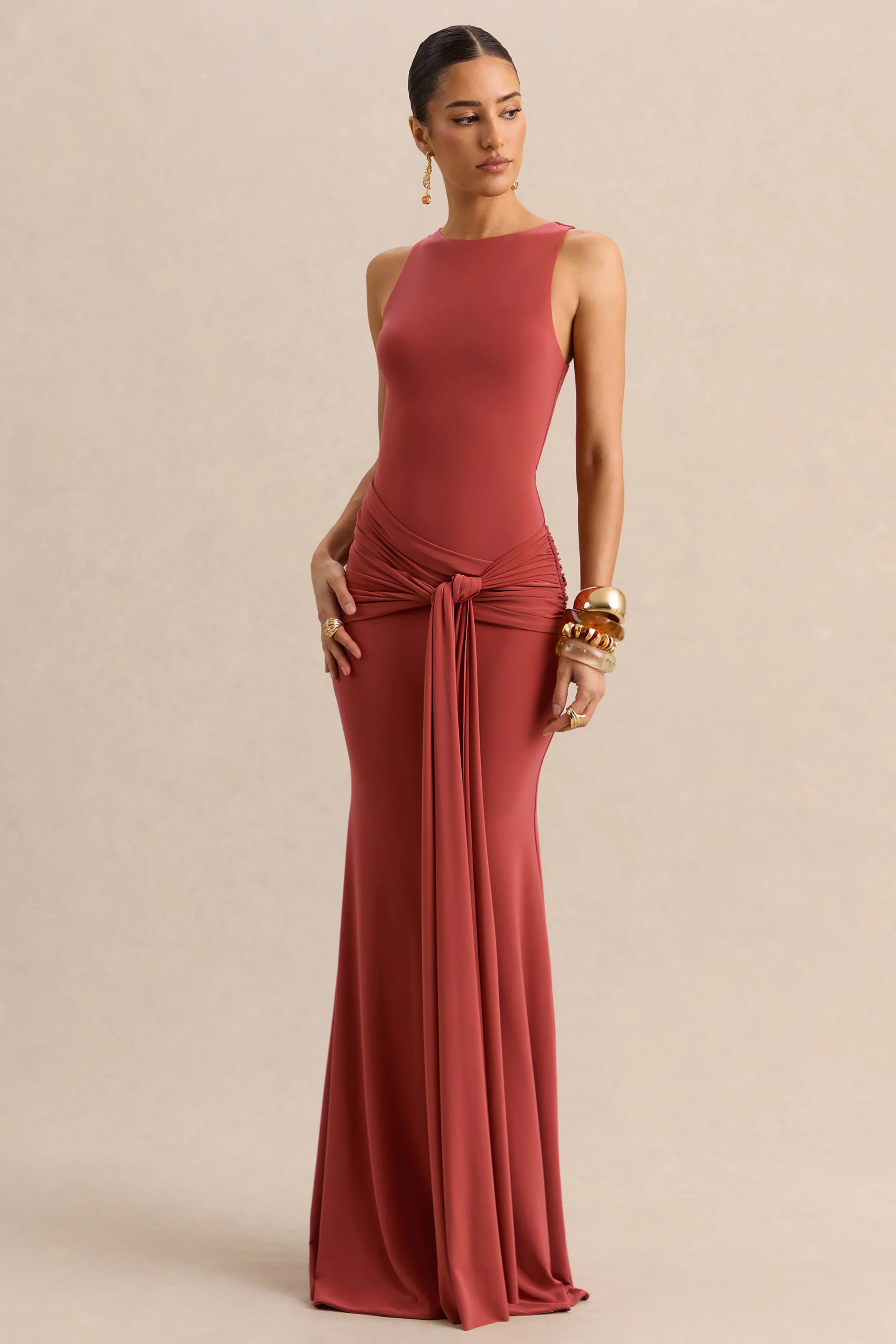 Cherine | Rust Round-Neck Maxi Dress With Gathered-Detailing And Sash - Image 3