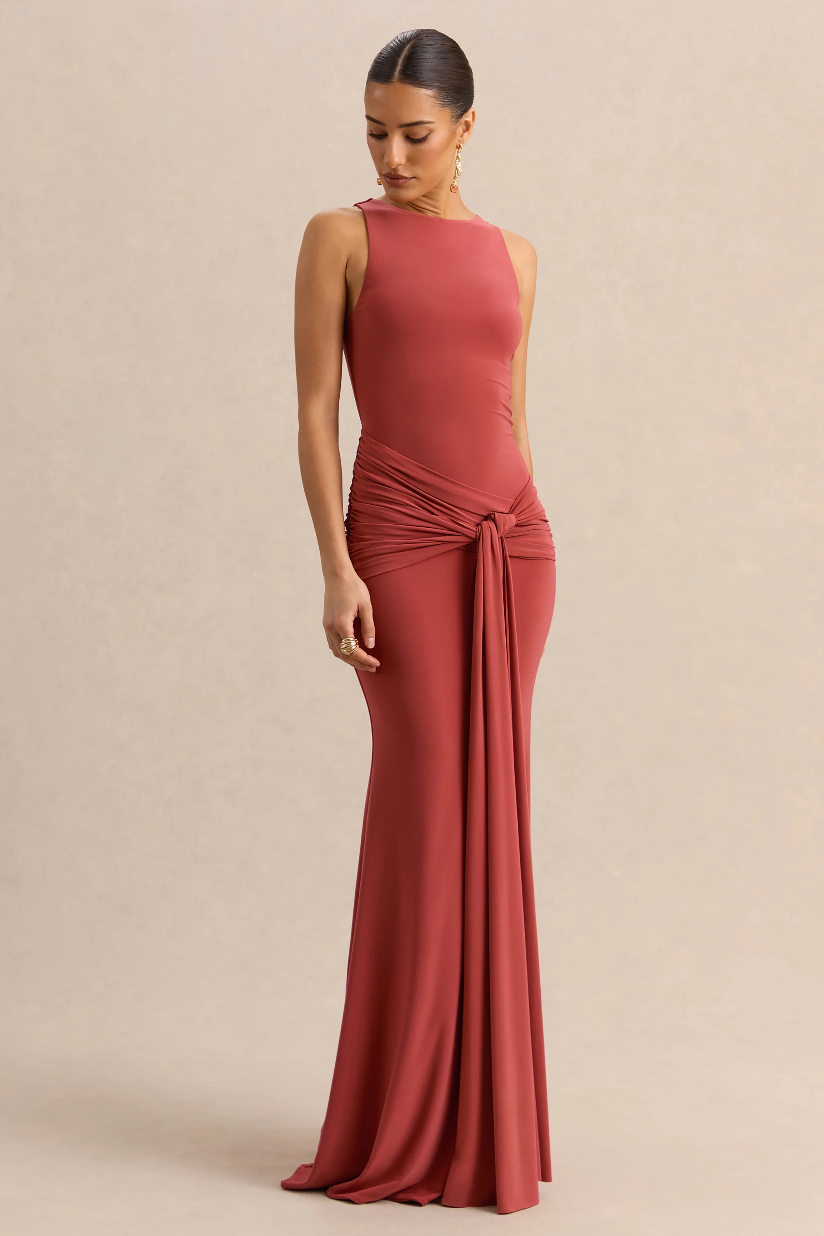 Cherine | Rust Round-Neck Maxi Dress With Gathered-Detailing And Sash - Image 5