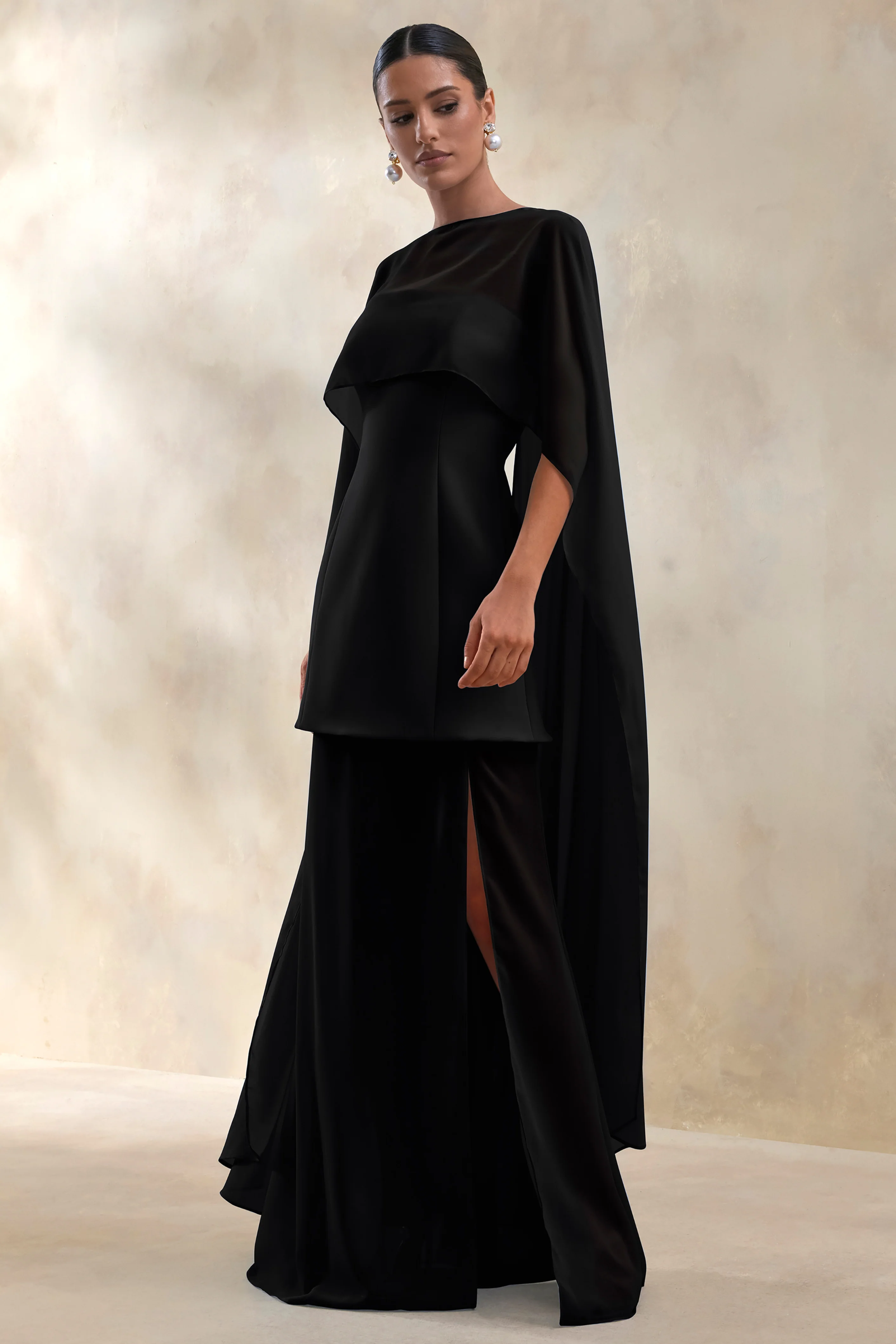 Chessa | Black Slashed-Neck Maxi Dress With Sheer Cape - Image 4