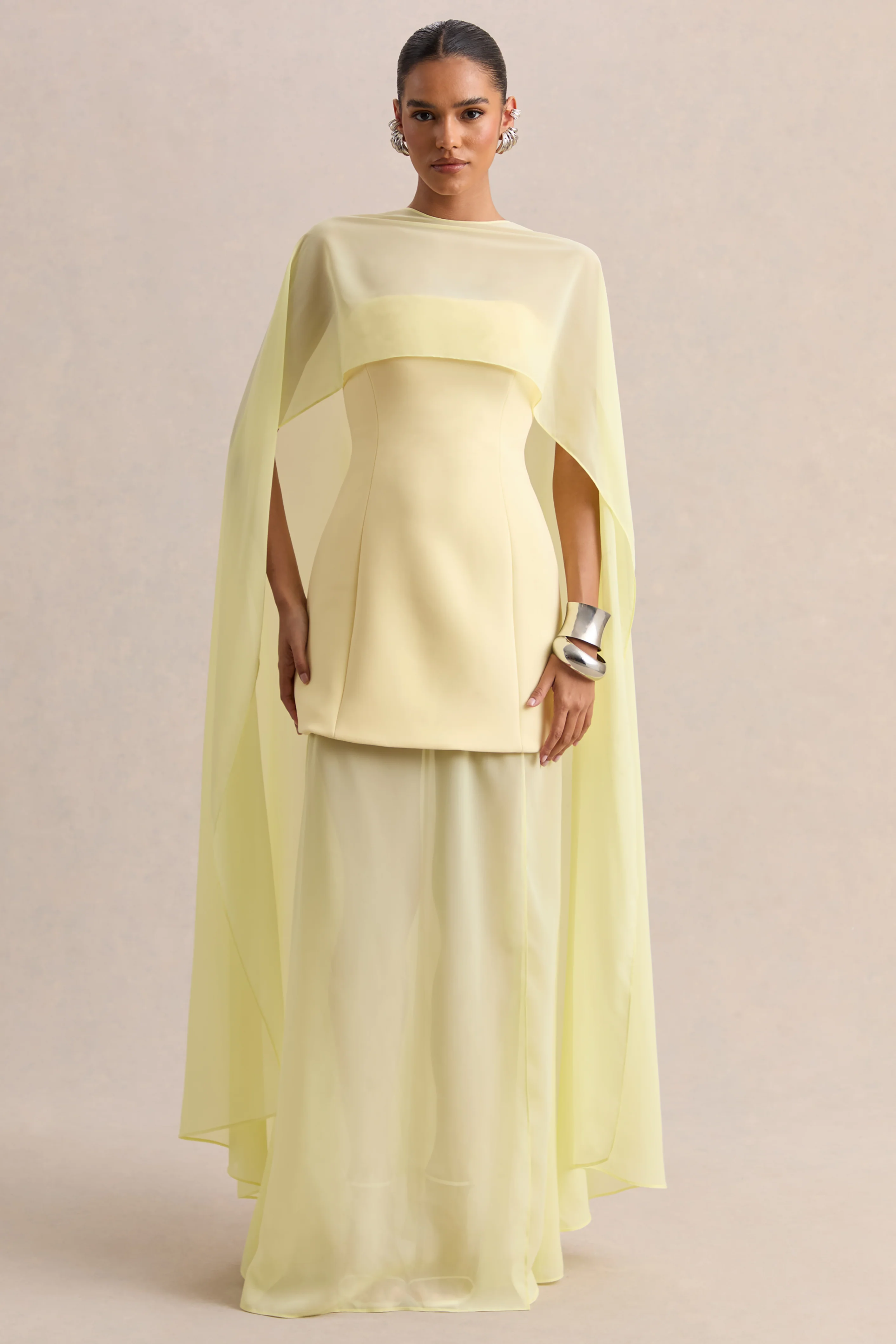 Chessa | Lemon Boat-Neck Maxi Dress With Sheer Cape - Image 4