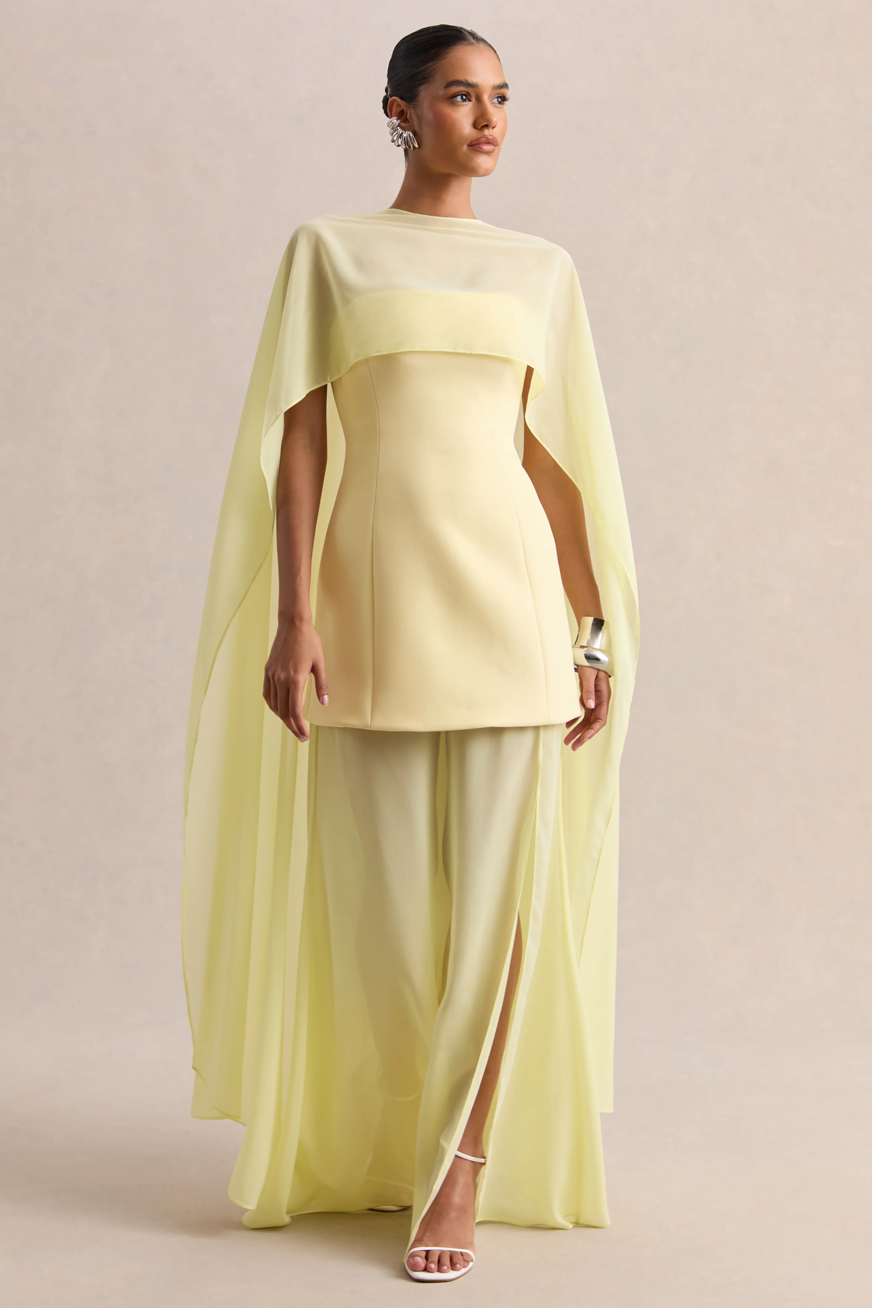 Chessa | Lemon Boat-Neck Maxi Dress With Sheer Cape - Image 7