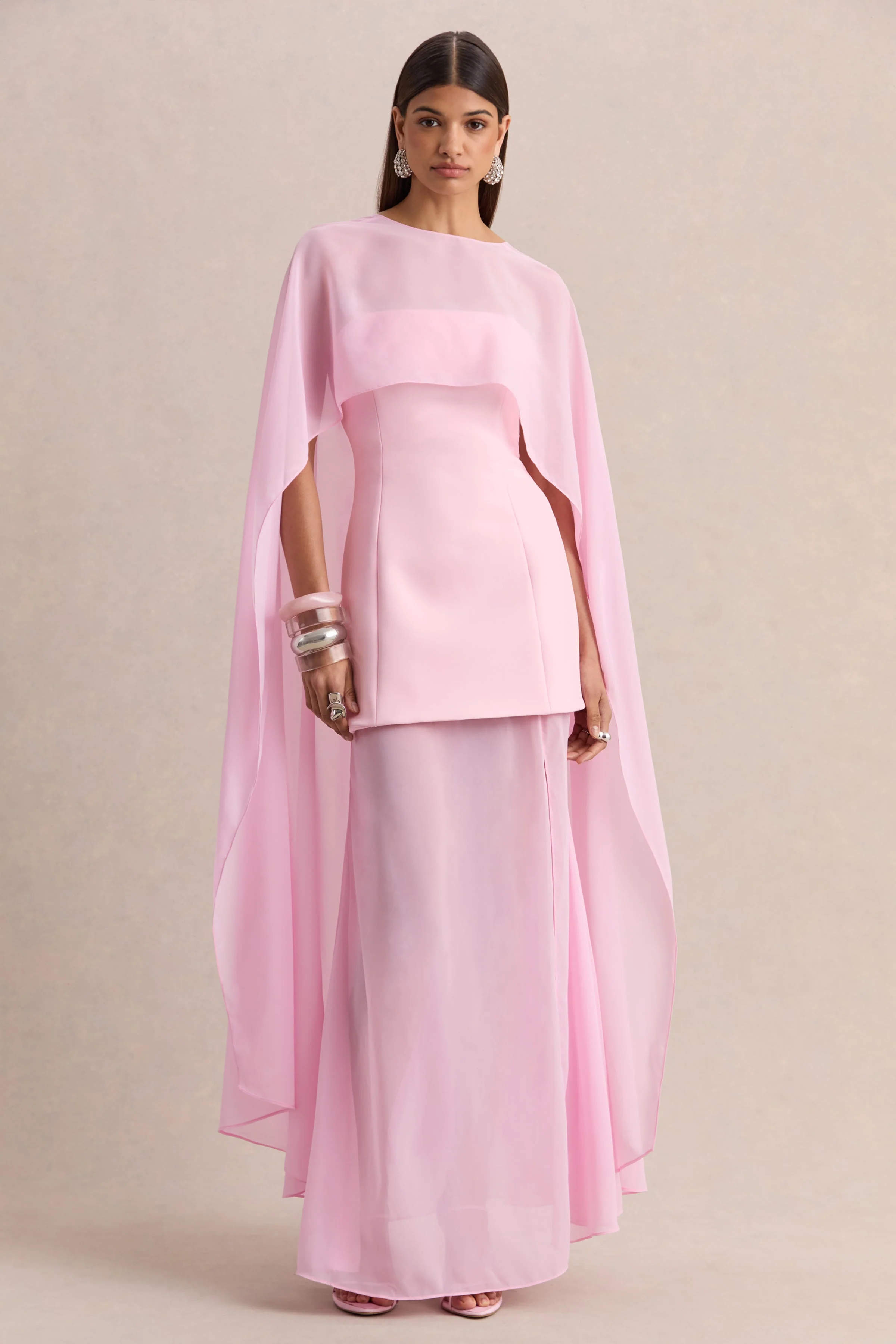 Chessa | Light Pink Boat-Neck Maxi Dress With Sheer Cape