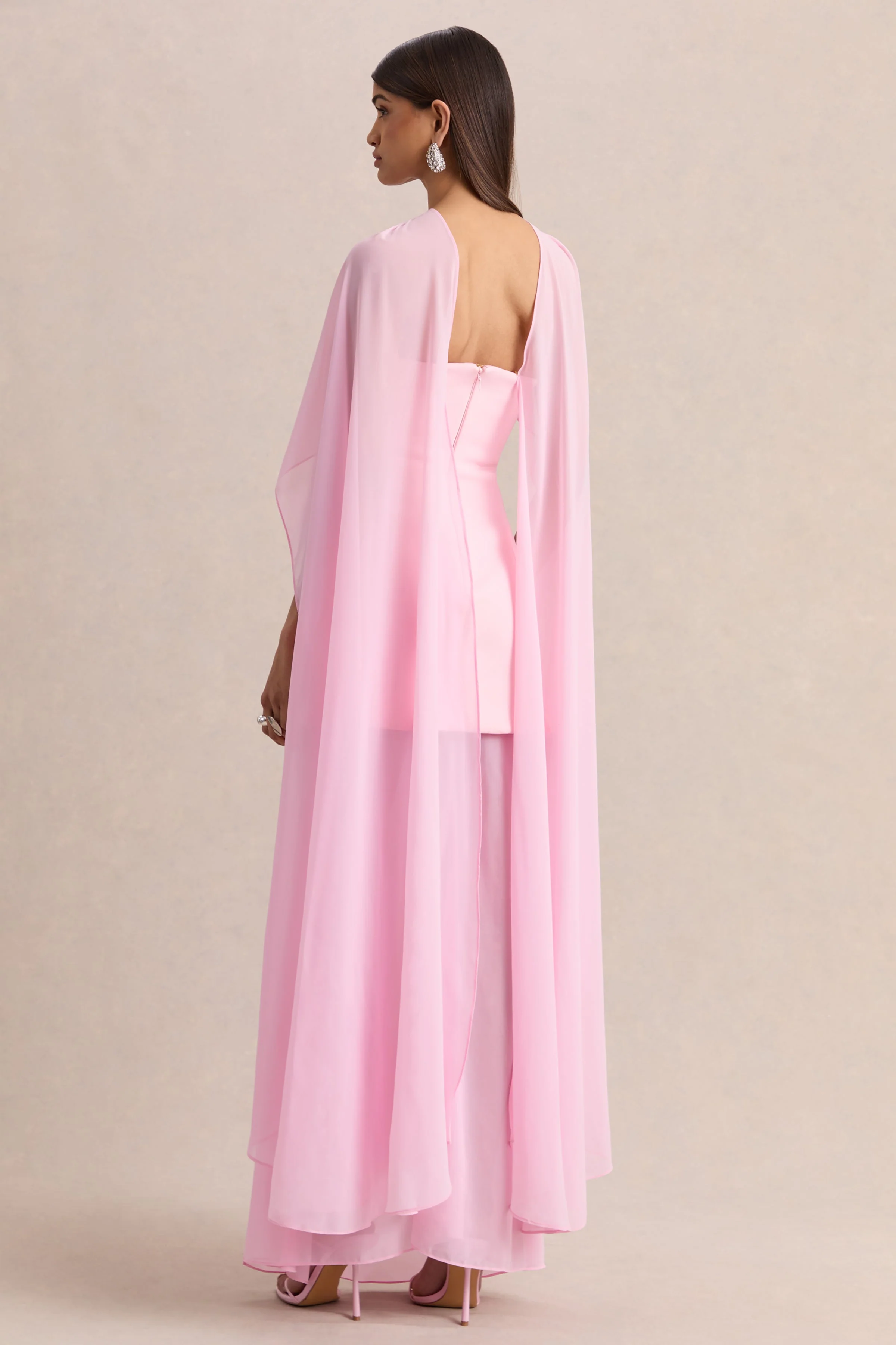 Chessa | Light Pink Boat-Neck Maxi Dress With Sheer Cape - Image 2