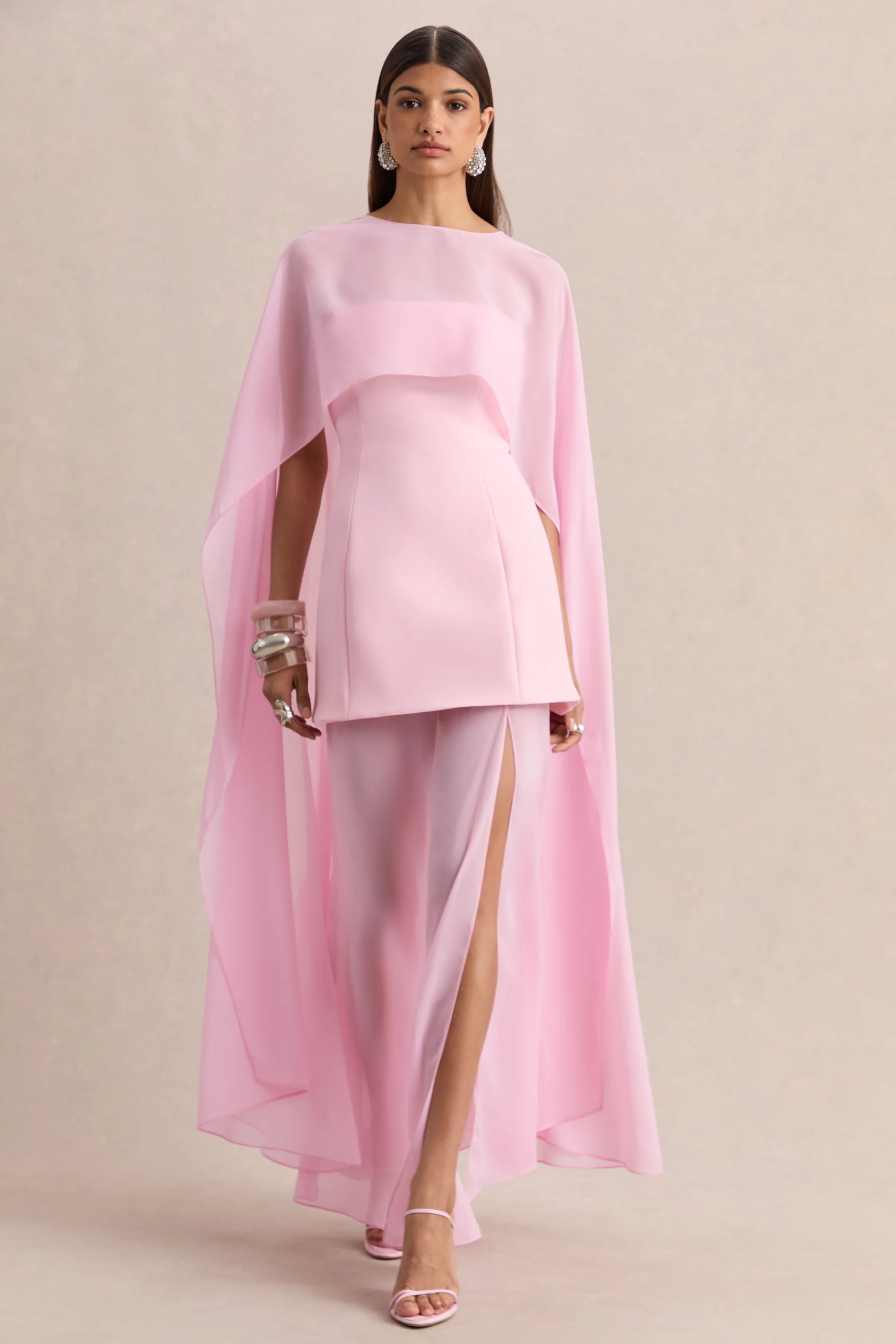 Chessa | Light Pink Boat-Neck Maxi Dress With Sheer Cape - Image 3