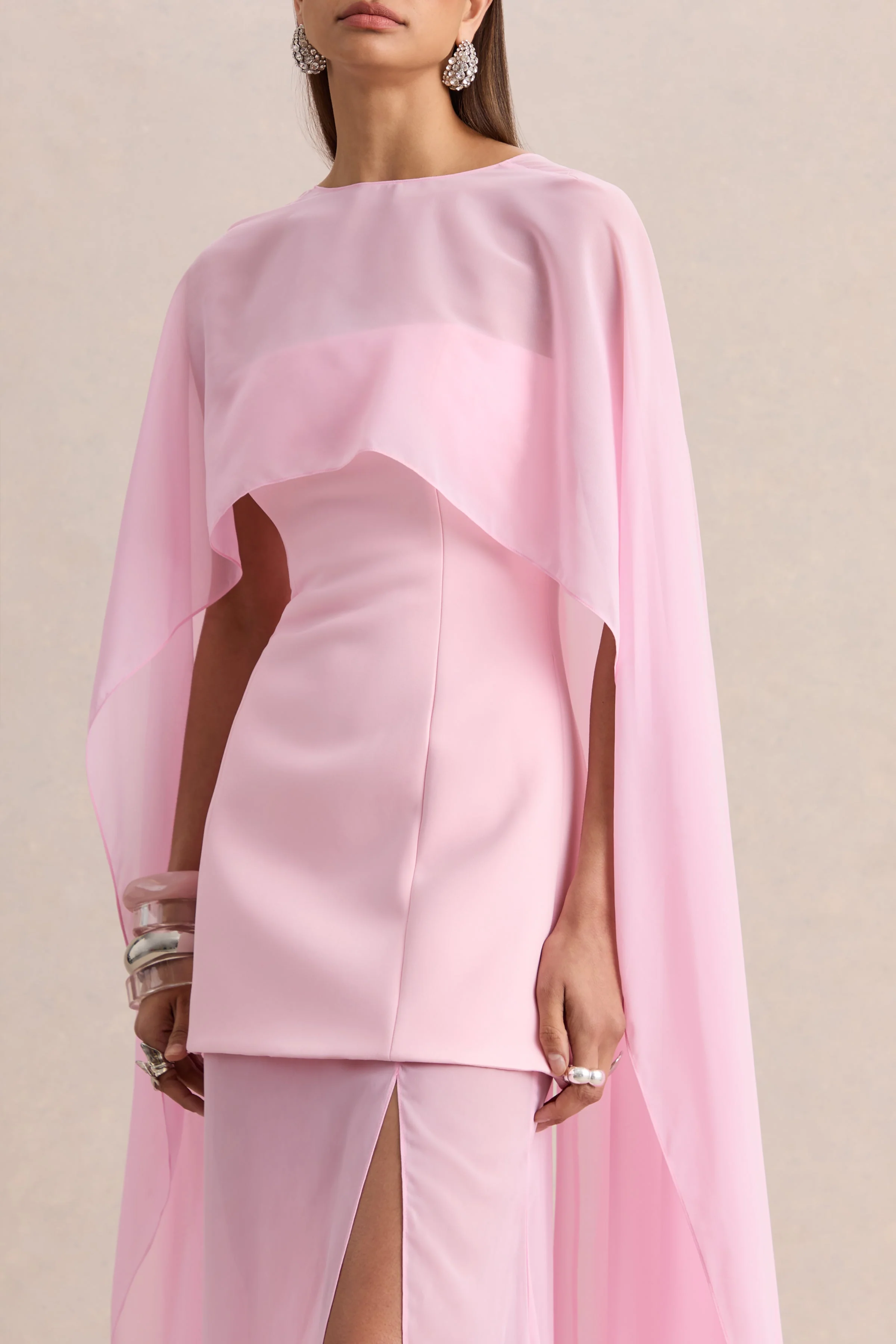 Chessa | Light Pink Boat-Neck Maxi Dress With Sheer Cape - Image 4
