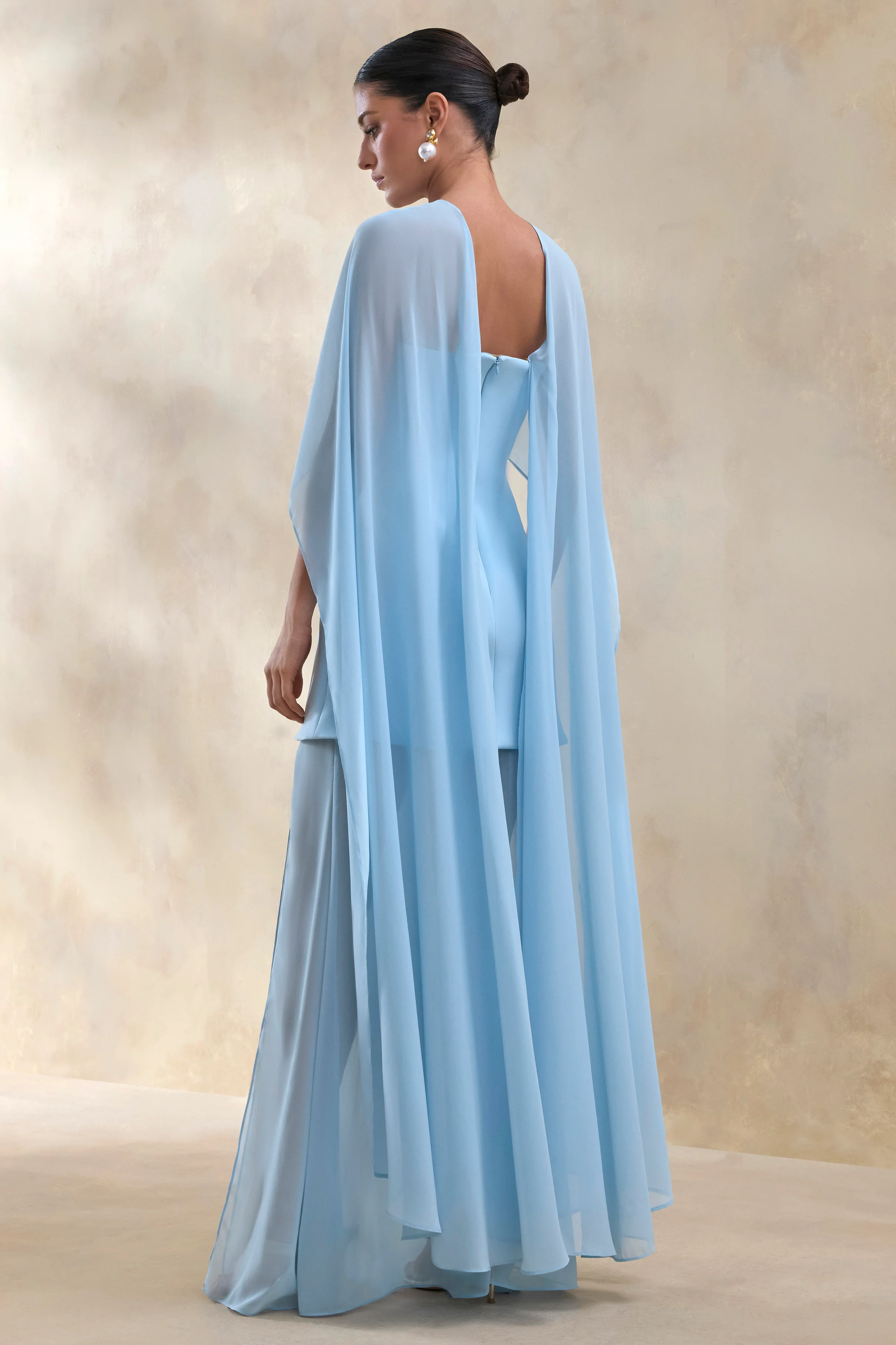 Chessa | Powder Blue Boat-Neck Maxi Dress With Sheer Cape - Image 2
