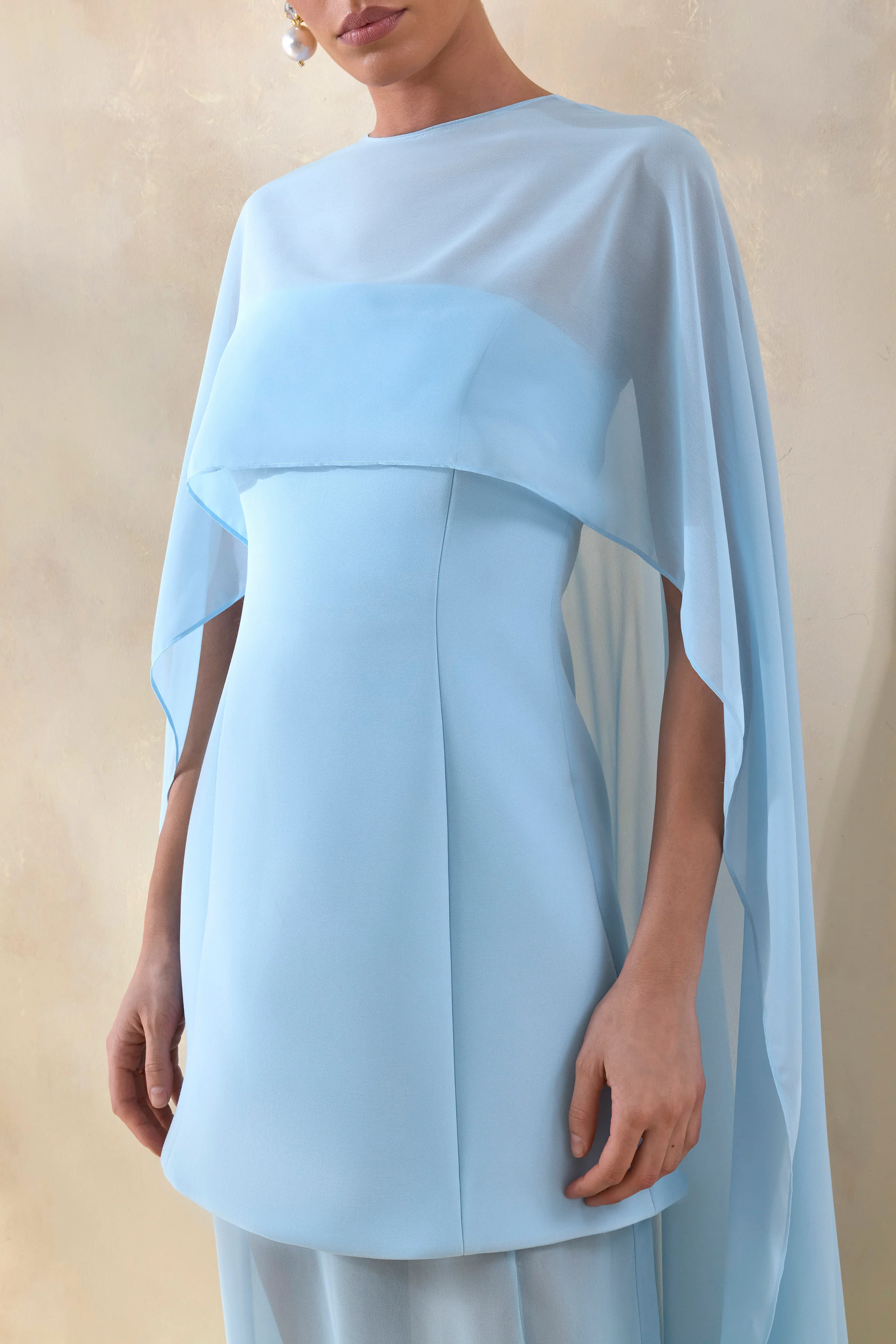 Chessa | Powder Blue Boat-Neck Maxi Dress With Sheer Cape - Image 3