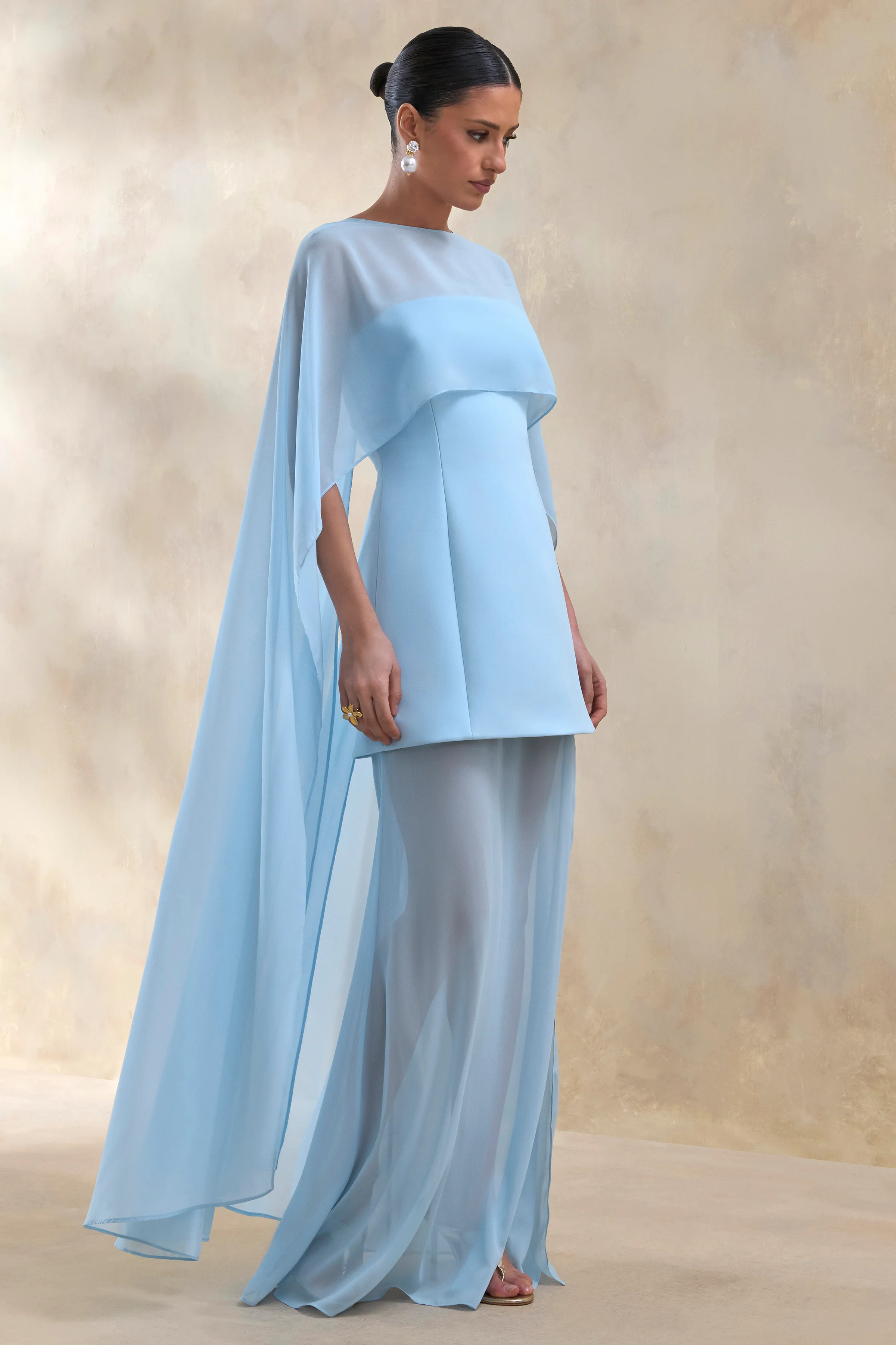 Chessa | Powder Blue Boat-Neck Maxi Dress With Sheer Cape - Image 4