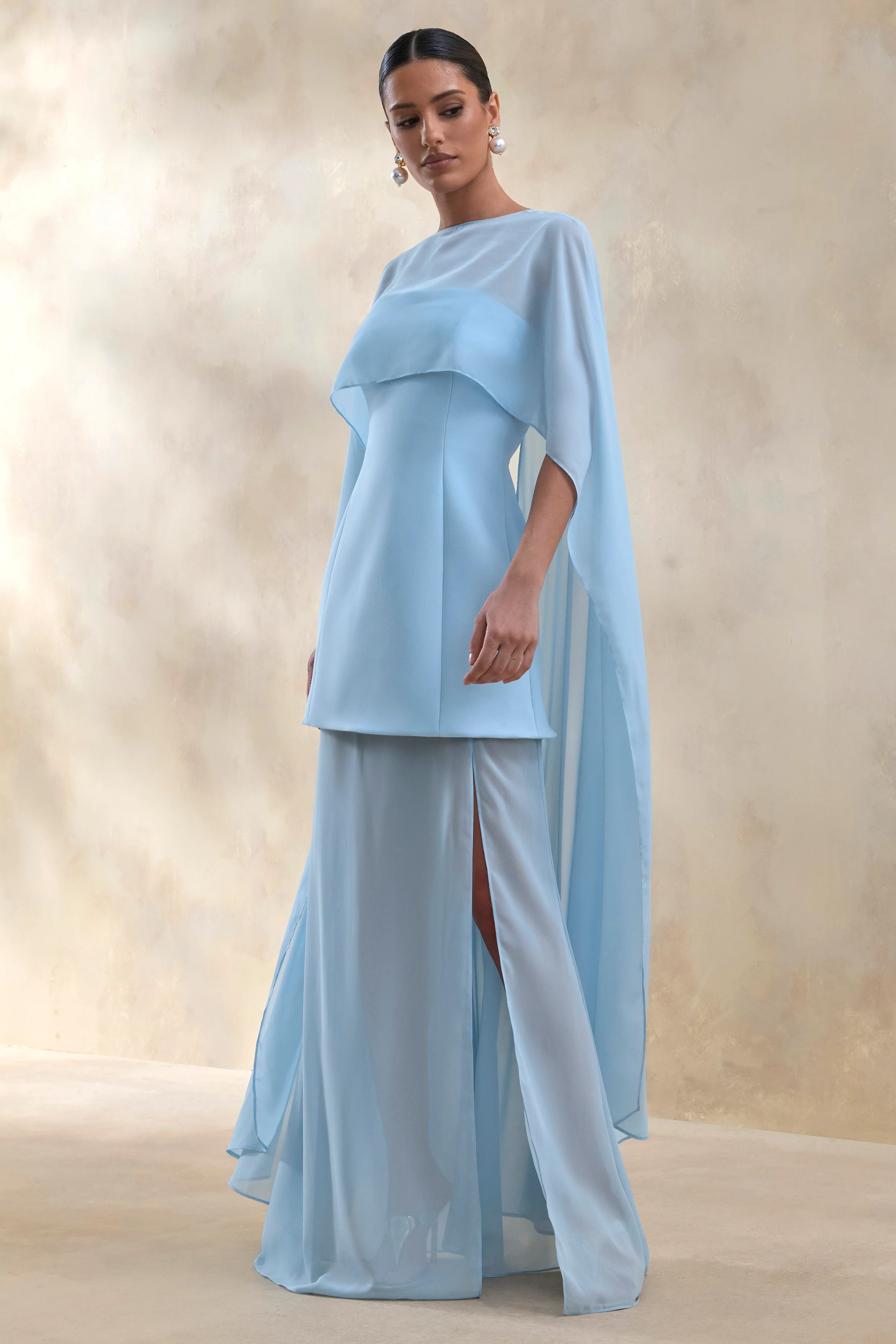 Chessa | Powder Blue Boat-Neck Maxi Dress With Sheer Cape - Image 5