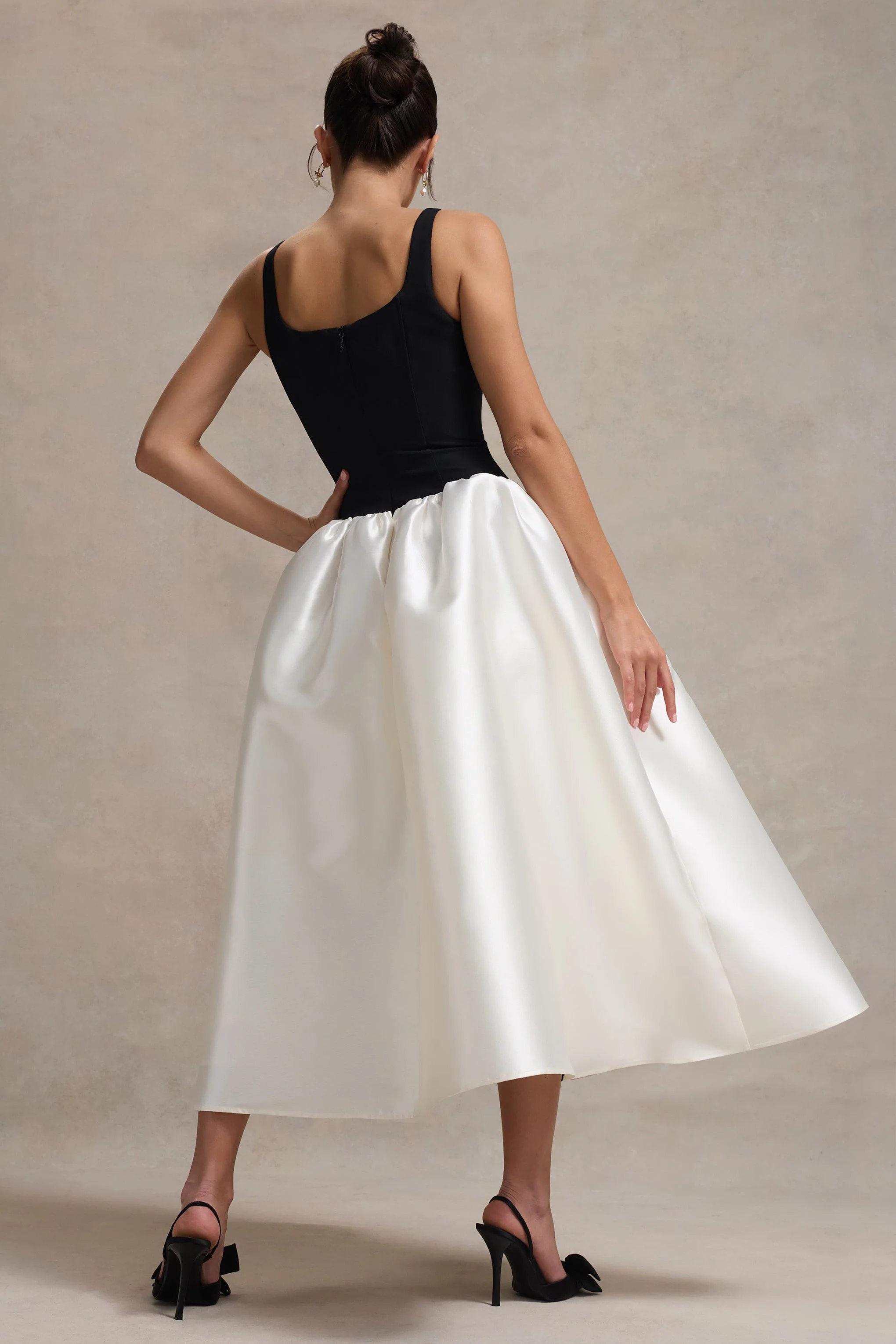 Christie | Black and Cream Scoop-Neck Midi Dress With Volume Skirt - Image 2