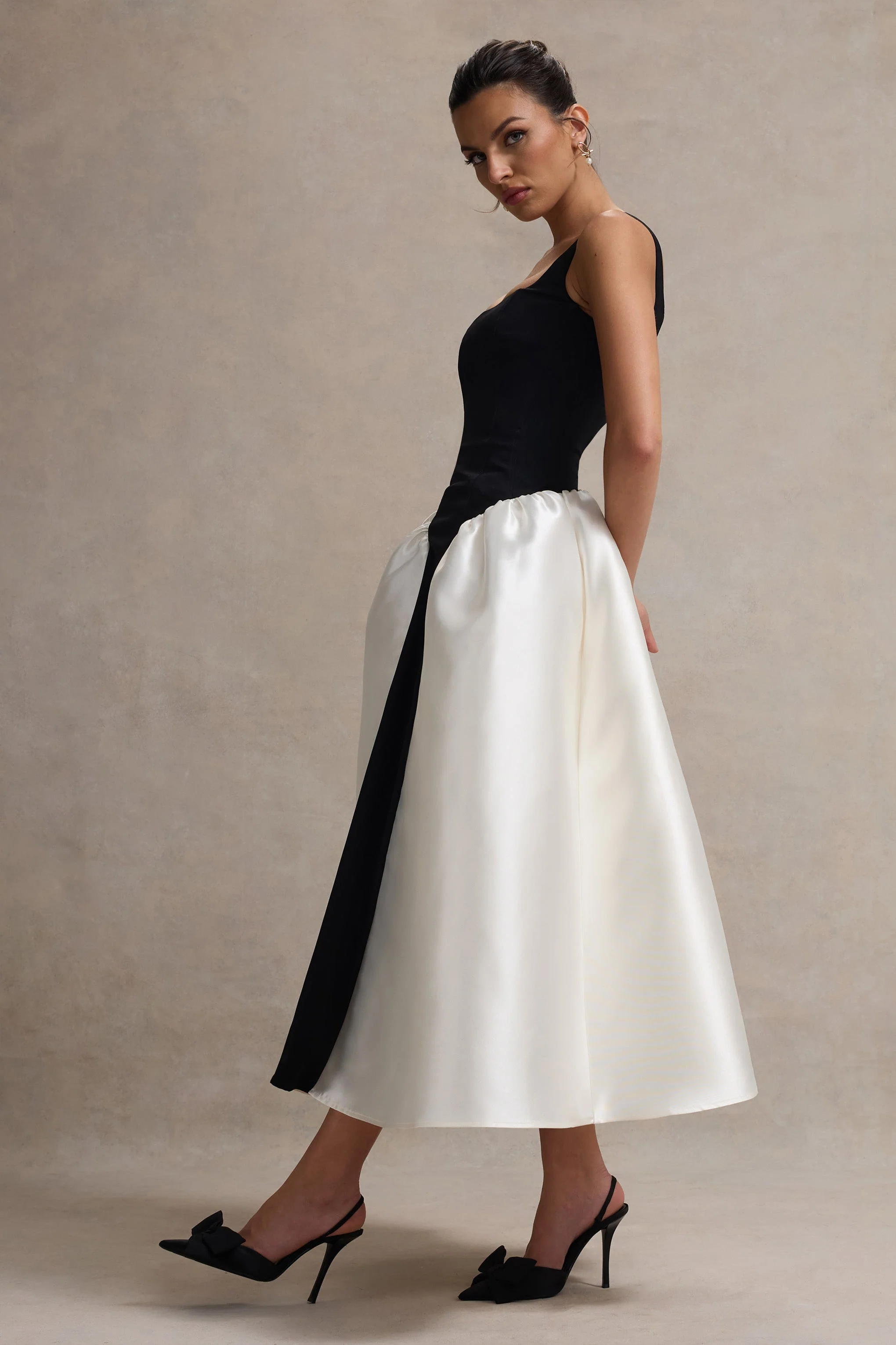 Christie | Black and Cream Scoop-Neck Midi Dress With Volume Skirt - Image 4