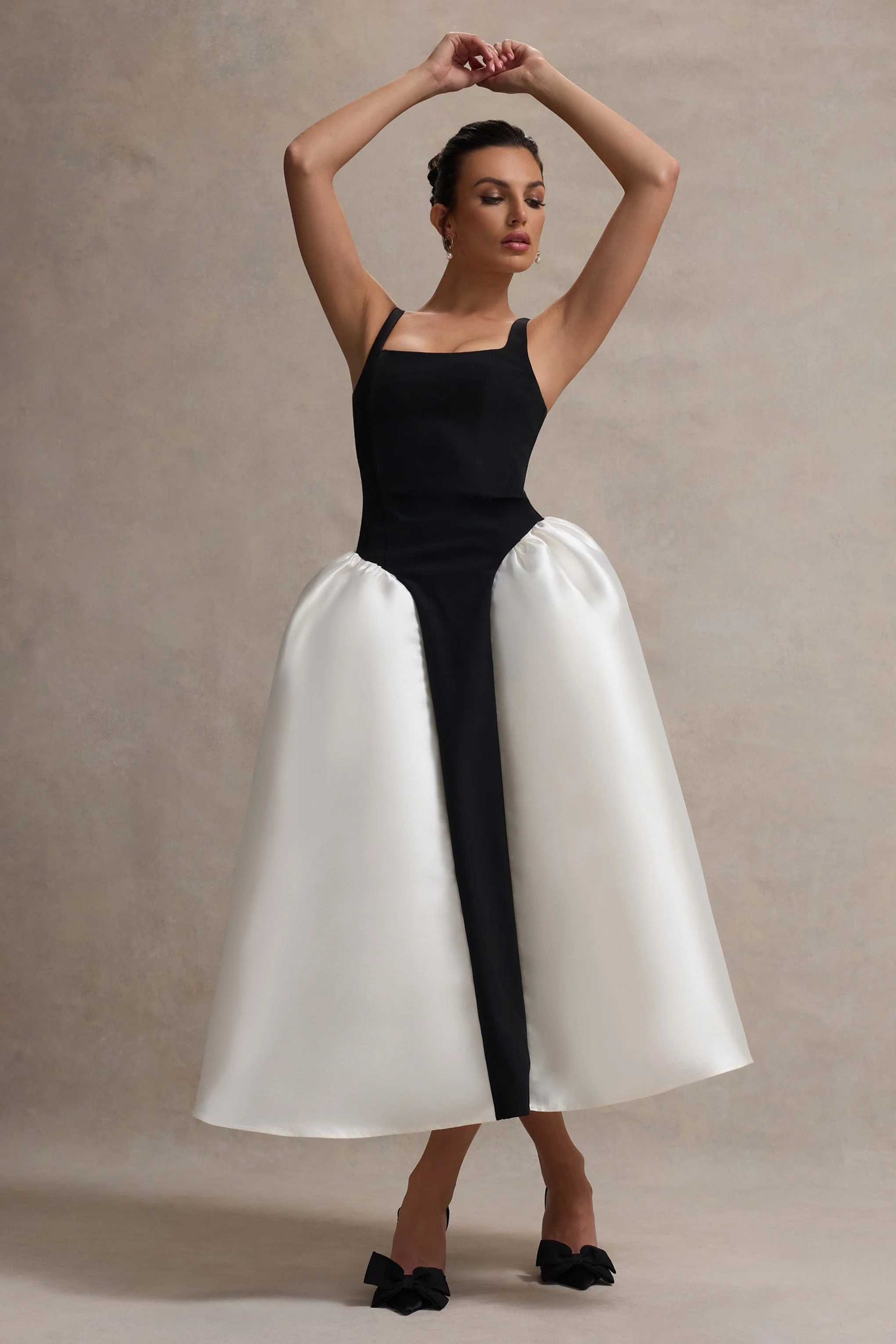 Christie | Black and Cream Scoop-Neck Midi Dress With Volume Skirt - Image 5