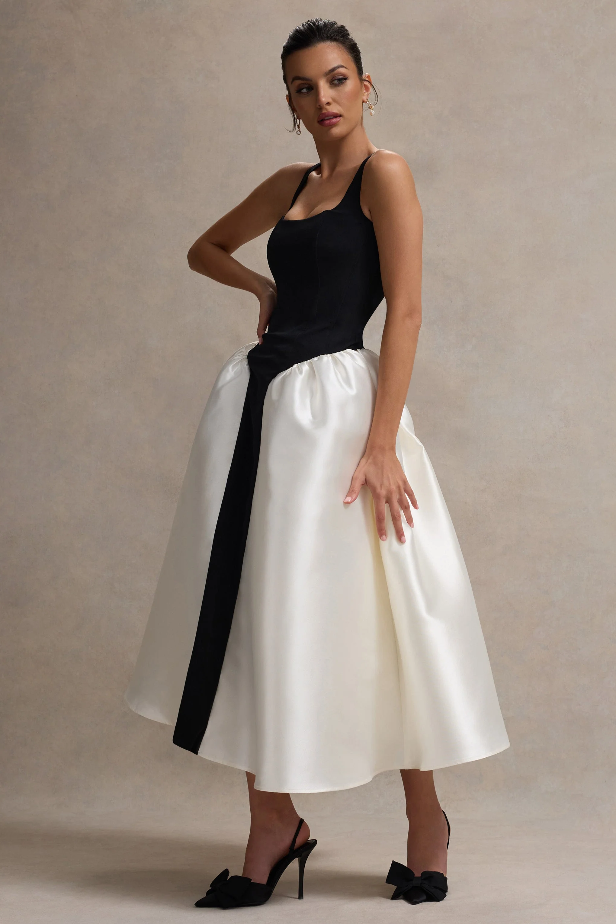 Christie | Black and Cream Scoop-Neck Midi Dress With Volume Skirt - Image 6