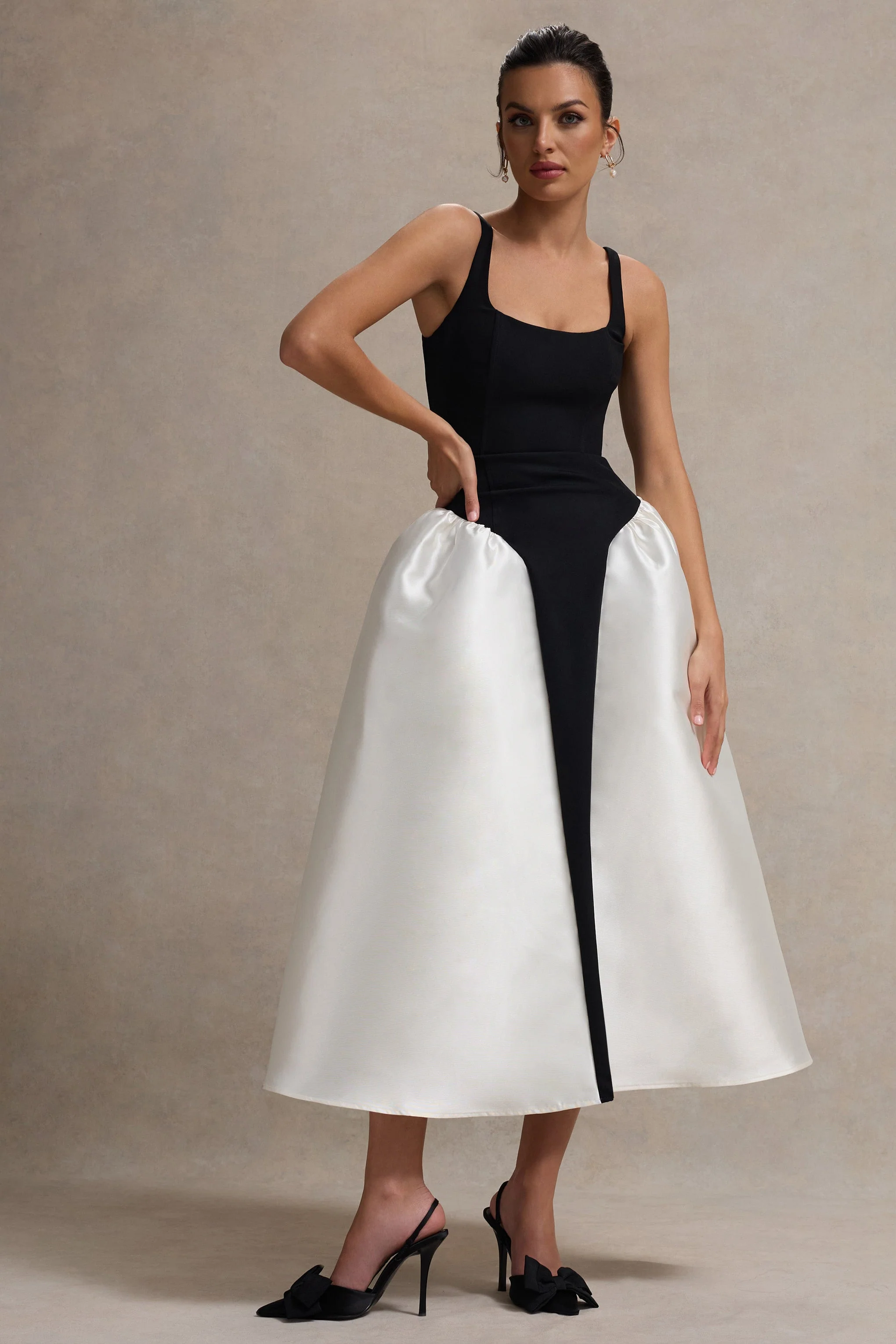 Christie | Black and Cream Scoop-Neck Midi Dress With Volume Skirt - Image 7
