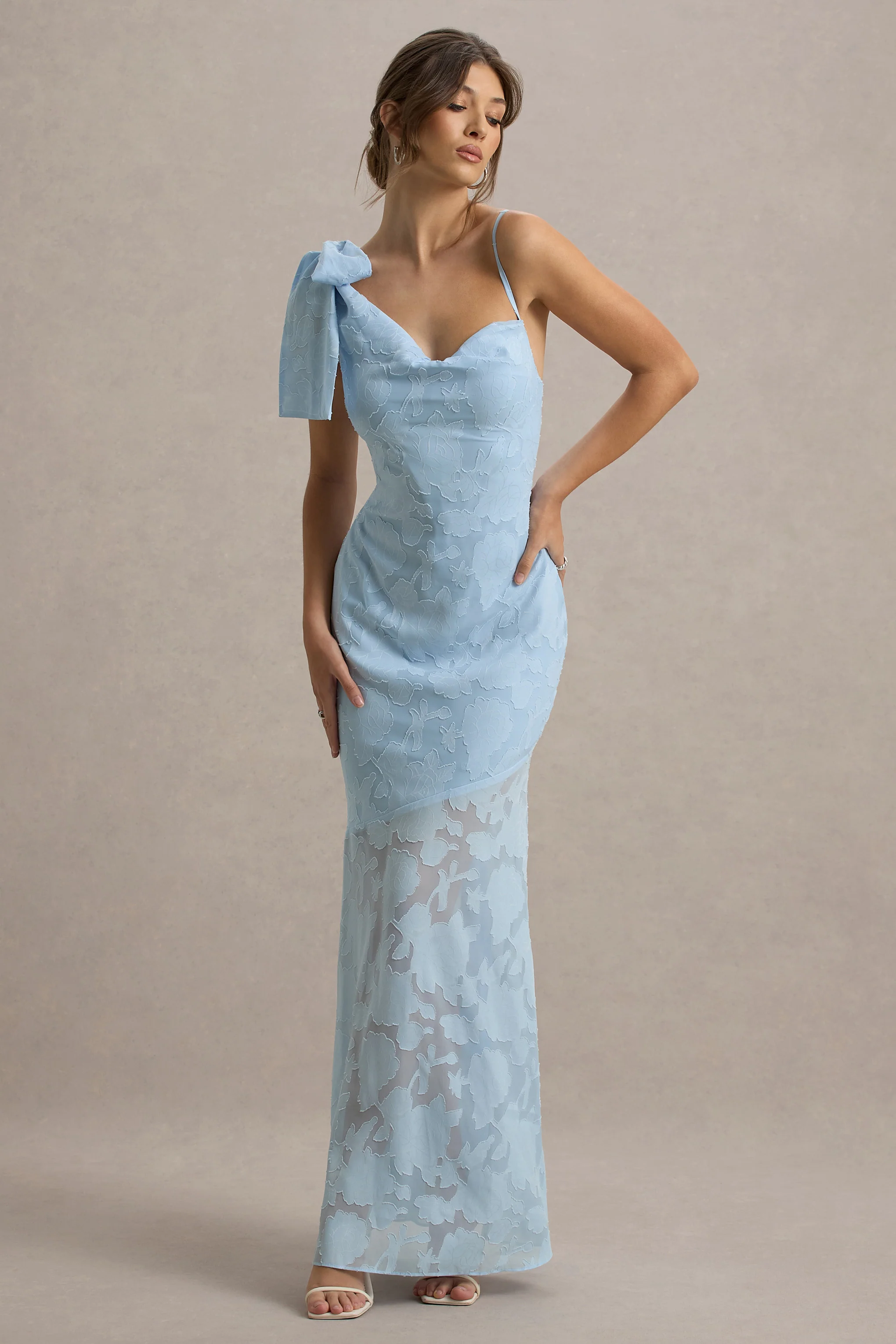 Chyna | Light Blue Cowl-Neck Maxi Dress With Bow Strap - Image 4