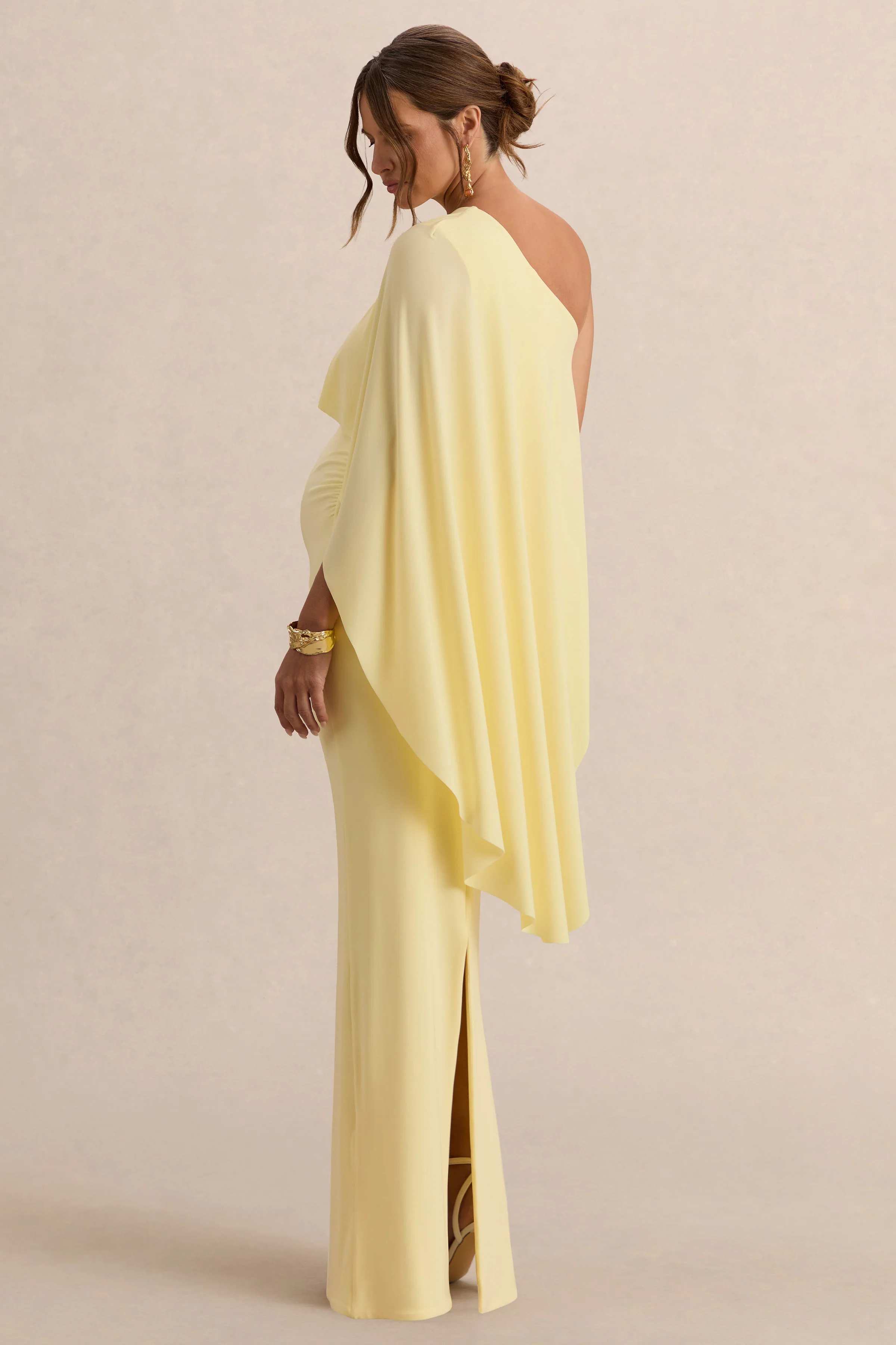 Cicely | Lemon Asymmetric-Neck Maternity Maxi Dress With Cape Sleeve - Image 2
