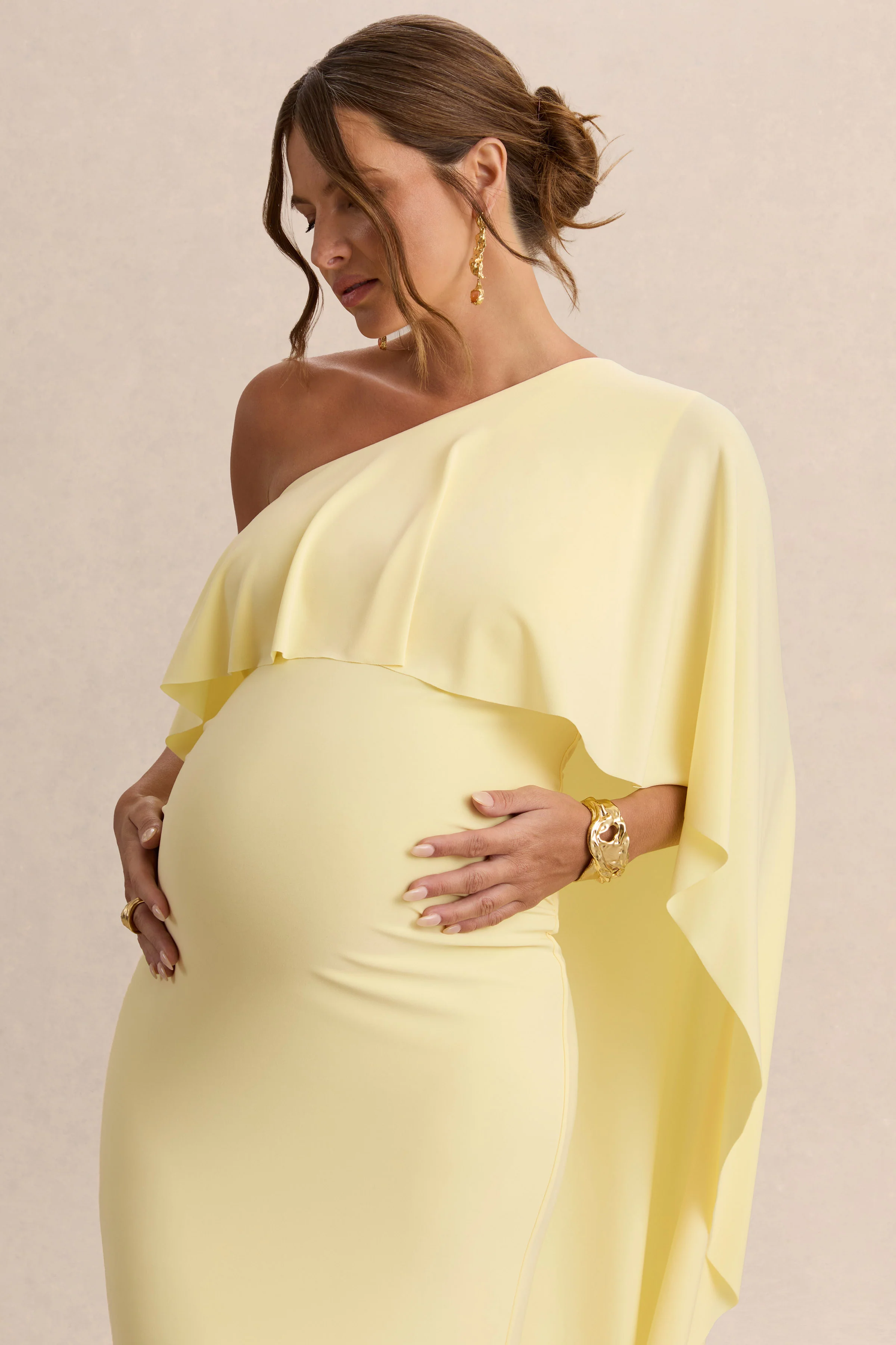Cicely | Lemon Asymmetric-Neck Maternity Maxi Dress With Cape Sleeve - Image 3