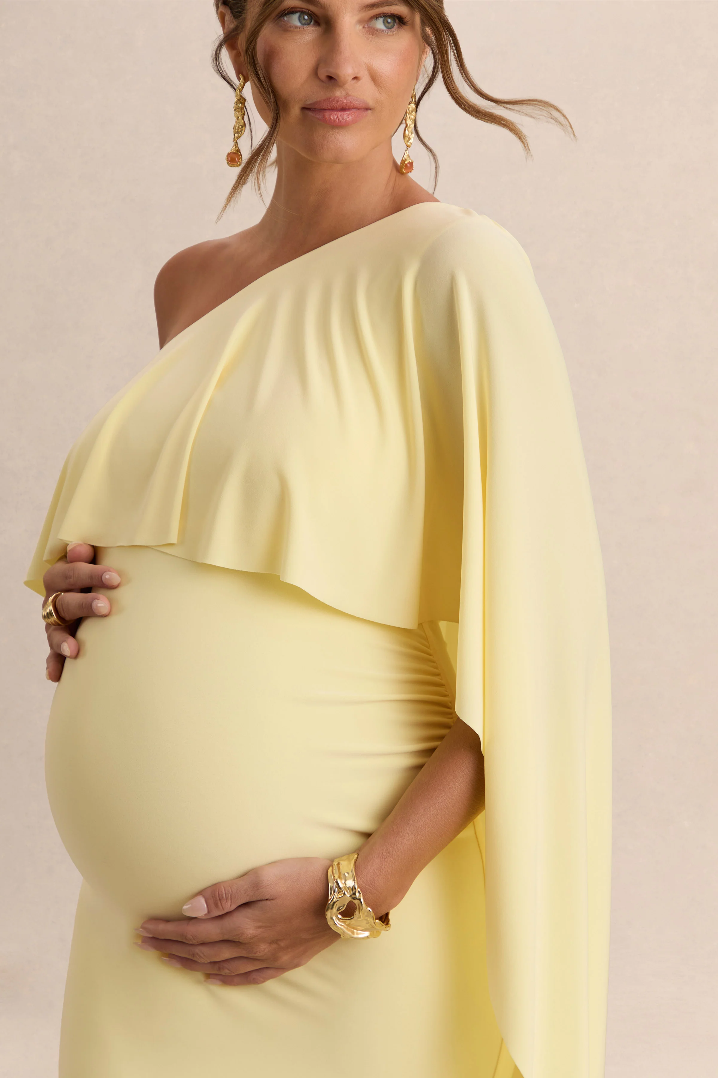 Cicely | Lemon Asymmetric-Neck Maternity Maxi Dress With Cape Sleeve - Image 4