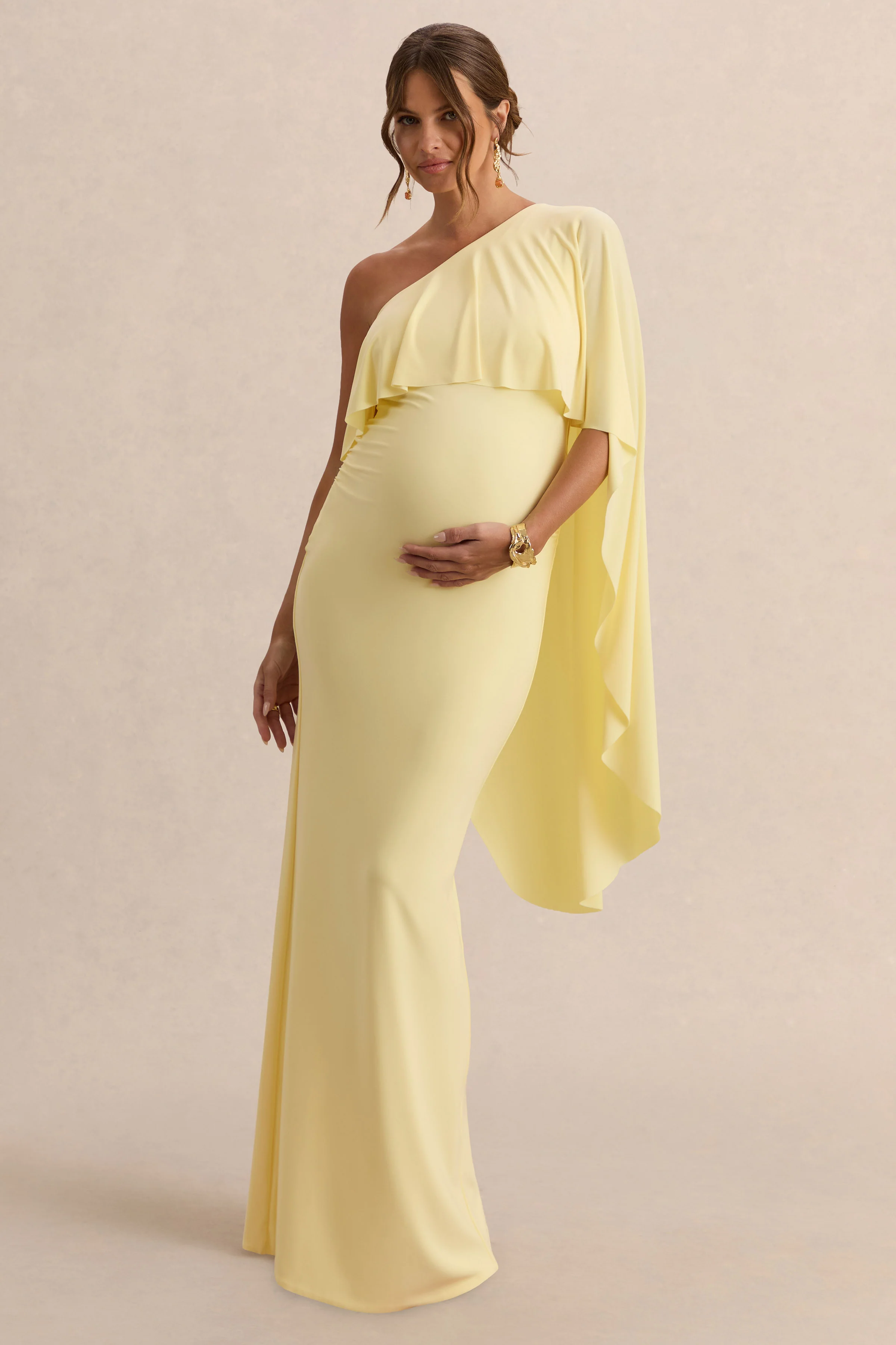 Cicely | Lemon Asymmetric-Neck Maternity Maxi Dress With Cape Sleeve - Image 5