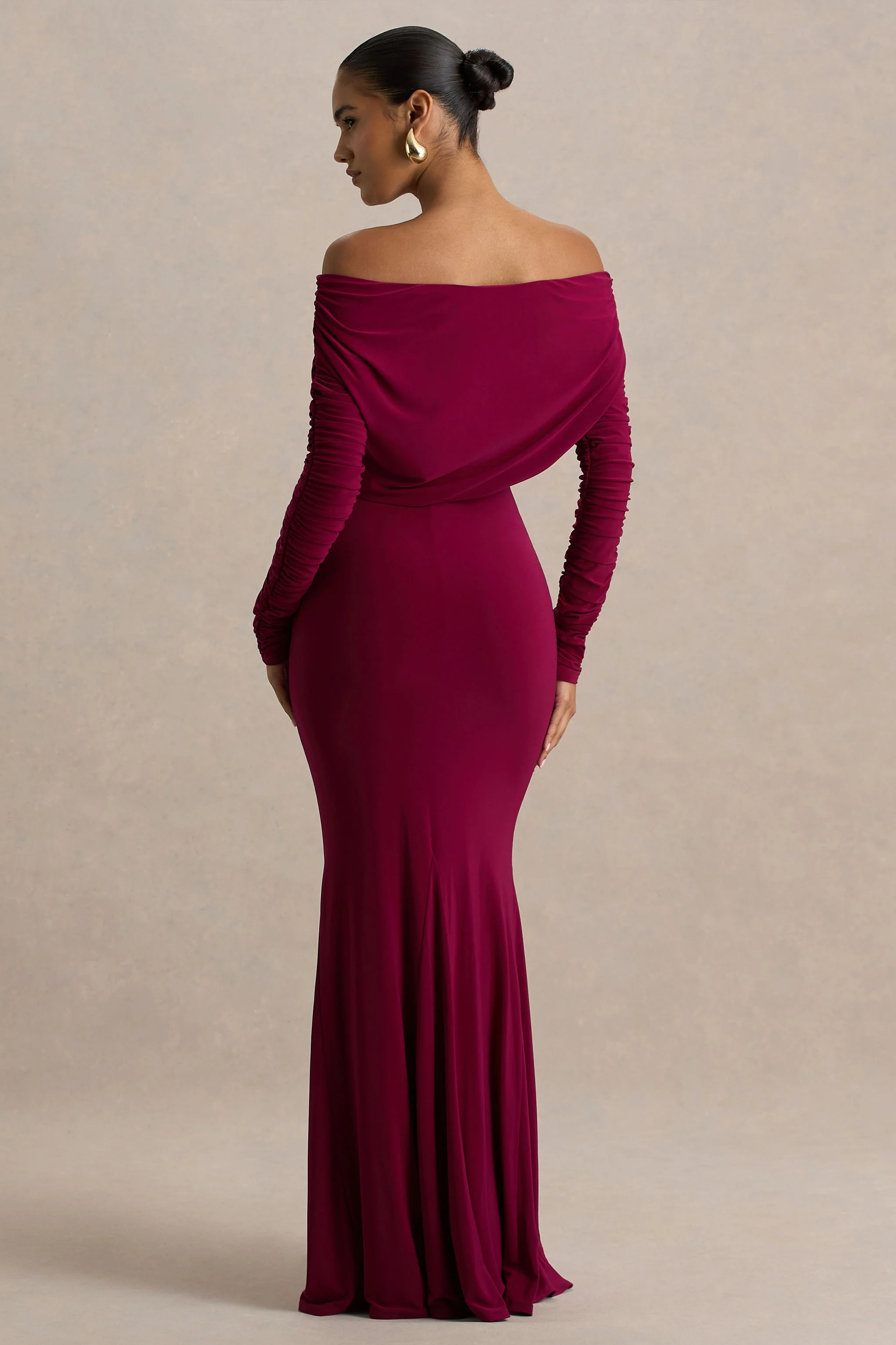 Cilla | Burgundy Bardot-Neck Maxi Dress With Ruched Detailing - Image 2