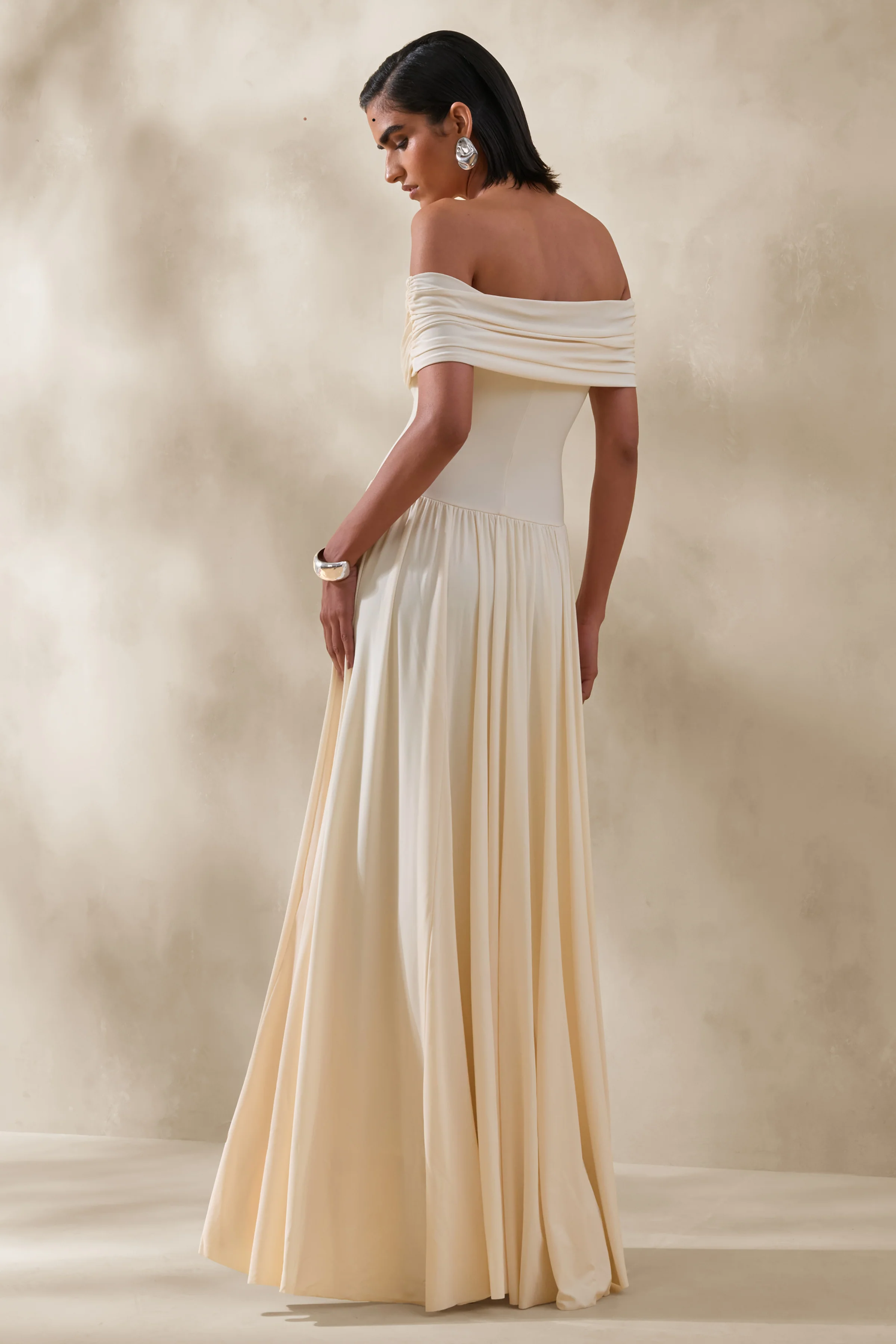 Cindie | Cream Bardot-Neck Maxi Dress - Image 2
