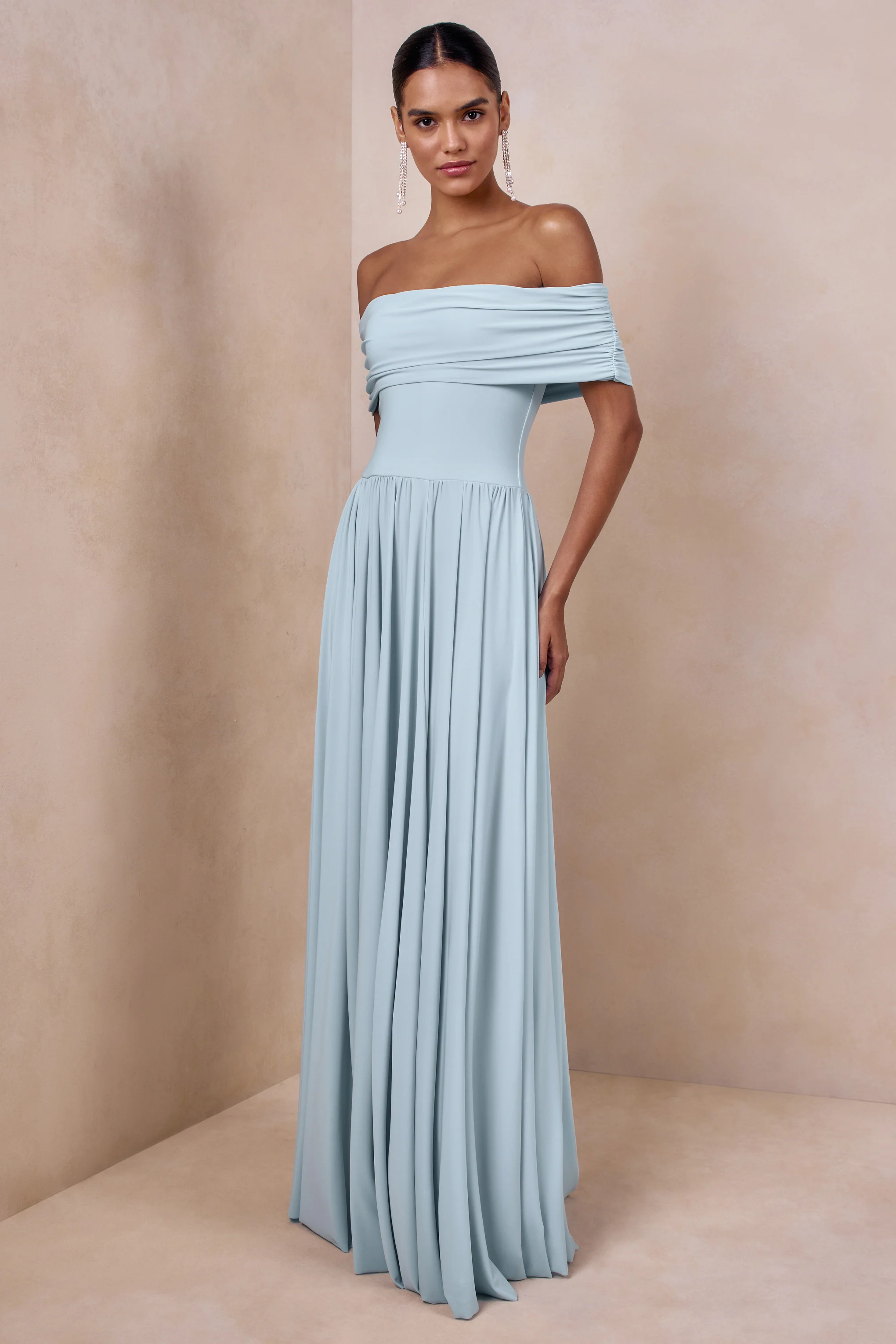 Cindie | Powder Blue Bardot-Neck Maxi Dress - Image 5